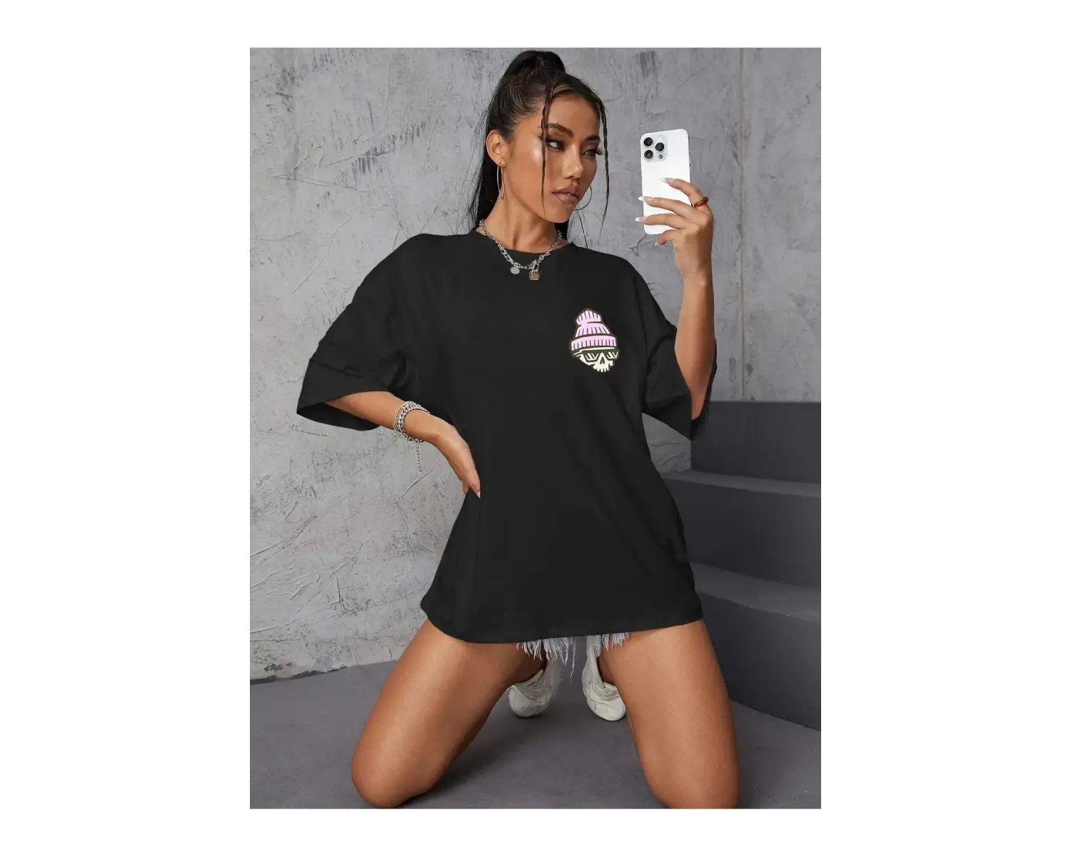 Kadın Siyah Today Was Baskılı Oversize Tişört