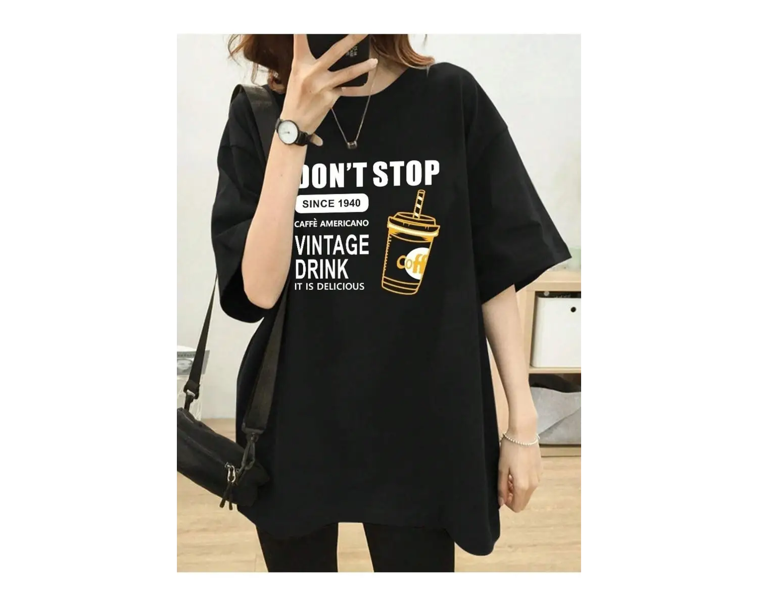 Kadın Siyah Vintage Drink Baskılı Oversize T-shirt