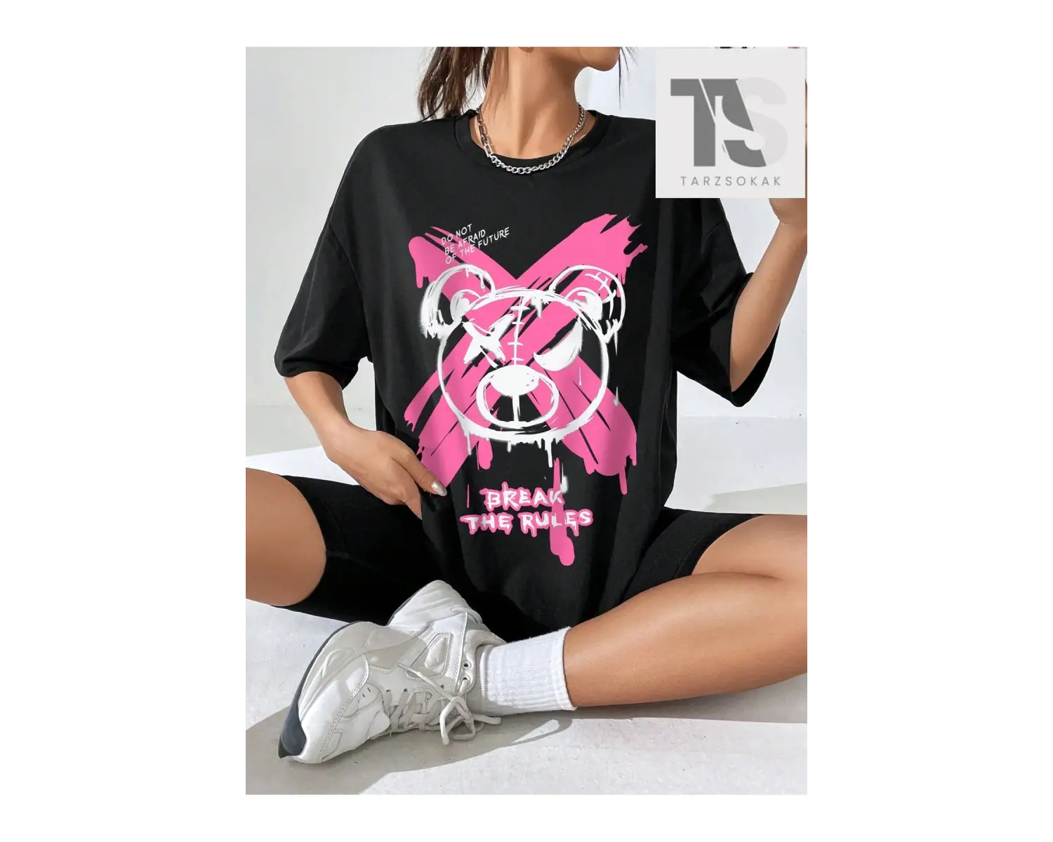 Kadın Sokak Stili Karikatür Ayı Sloganı Baskılı Bol Kısa Kollu Tişört