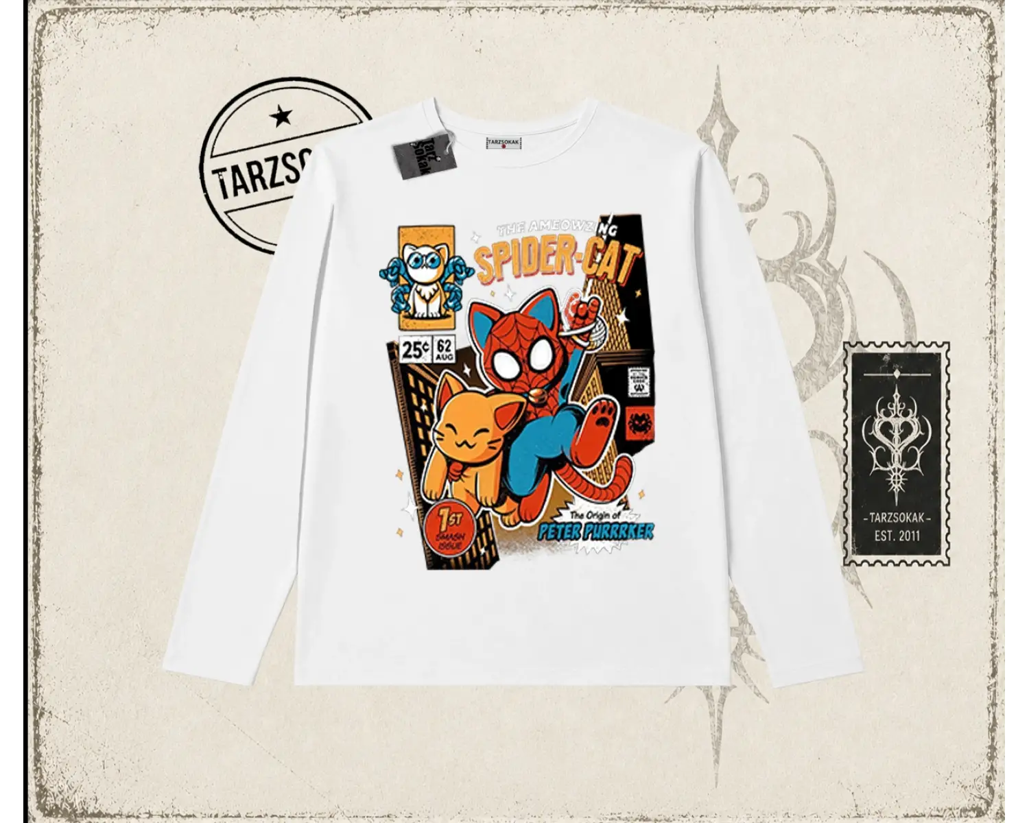Kadın Spider Cat Biskilet Yaka  Long Sleeve Beyaz