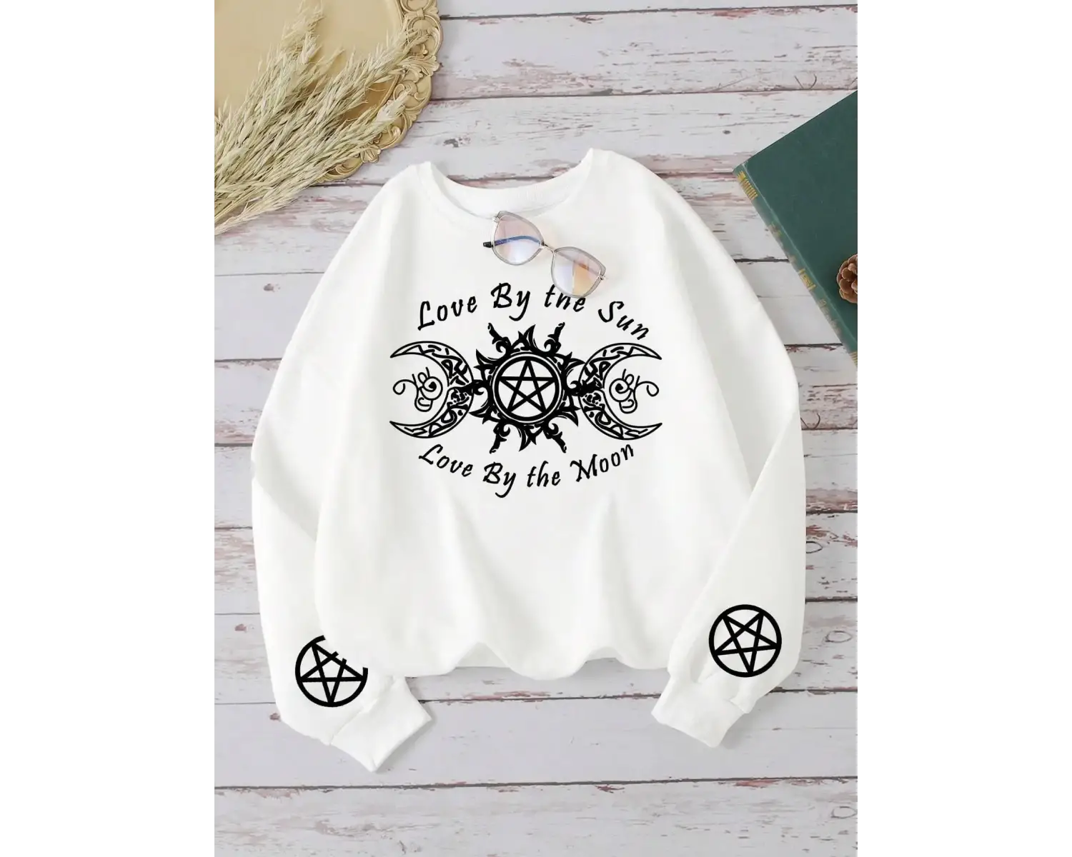 Kadın tişörtü güneş tarafından aşk & ay baskı Hoodies rahat polar yumuşak kazak Loose gevşek