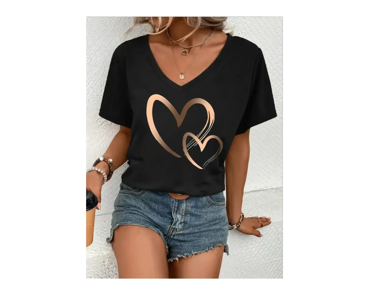 Kadın V yaka Beyaz Siyah T-Shirt Baskılı Oversize