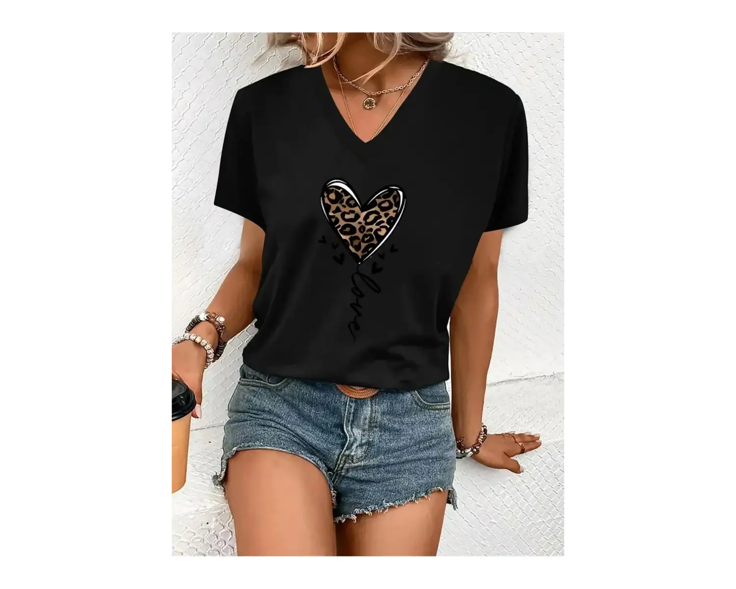 Kadın V yaka Beyaz Siyah T-Shirt Baskılı Oversize