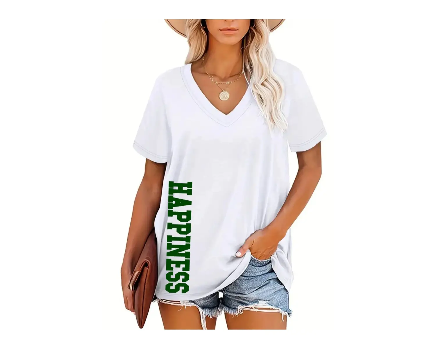 Kadın V yaka Siyah Beyaz Tişört Happiness Baskılı Oversize