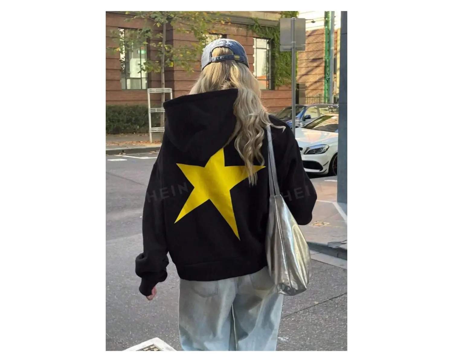 kadın yıldız sırt baskılı oversize sweatshirt siyah