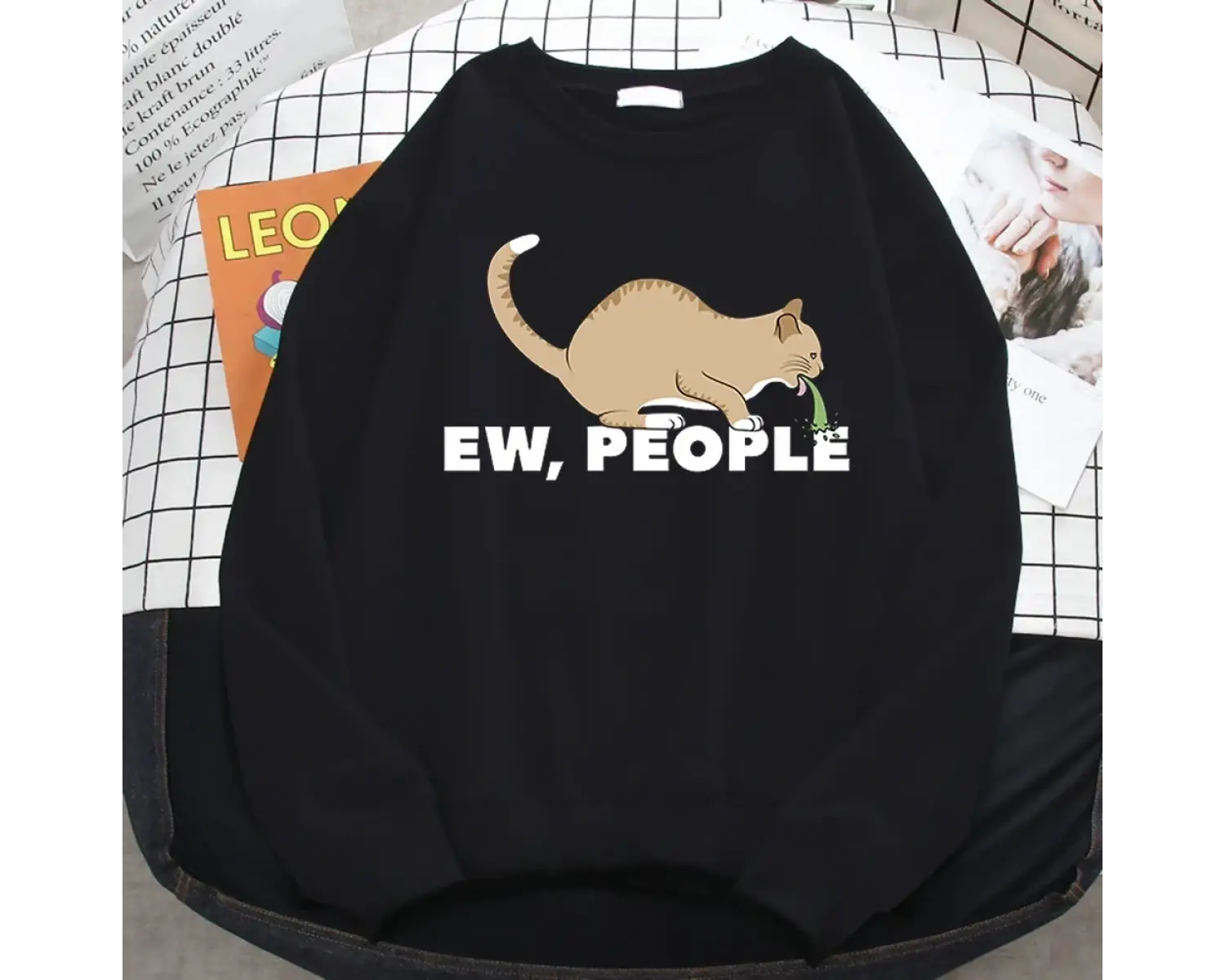 Kadınlar Için rahat Sonbahar Kazak Ew İnsanlar Komik Kusma Kedi Baskı Hoodies Crewneck Gevşek