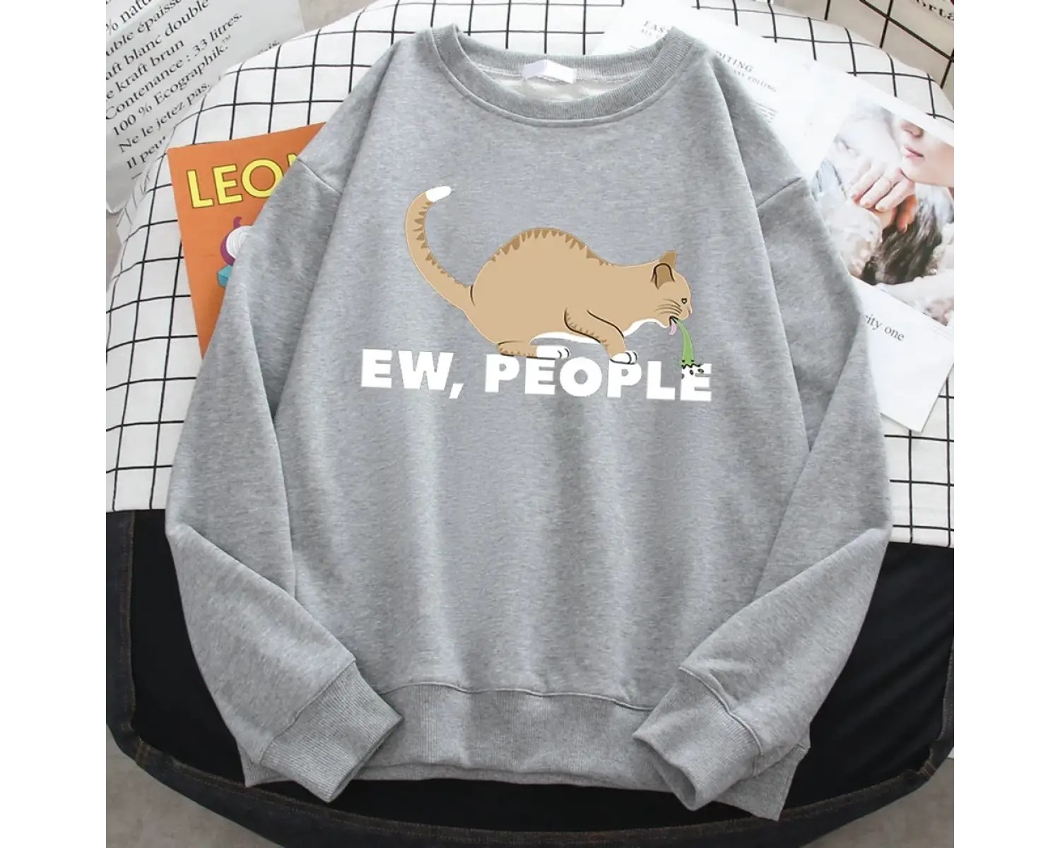 Kadınlar Için rahat Sonbahar Kazak Ew İnsanlar Komik Kusma Kedi Baskı Hoodies Crewneck Gevşek