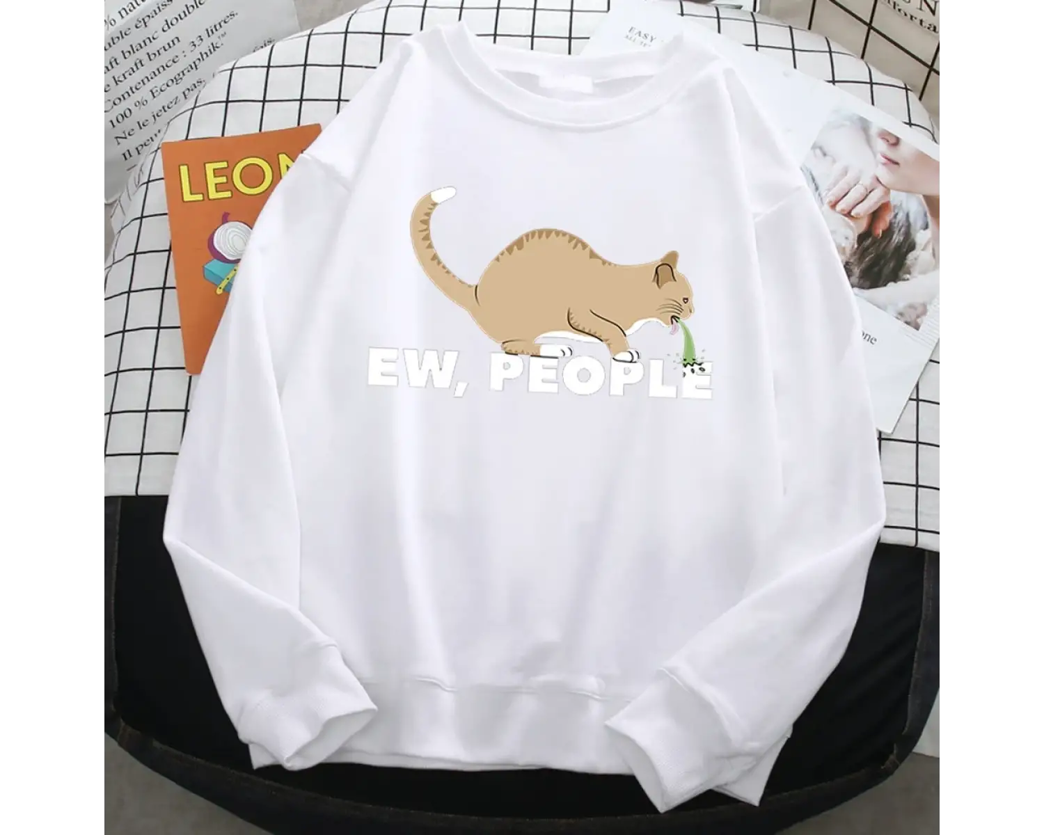 Kadınlar Için rahat Sonbahar Kazak Ew İnsanlar Komik Kusma Kedi Baskı Hoodies Crewneck Gevşek