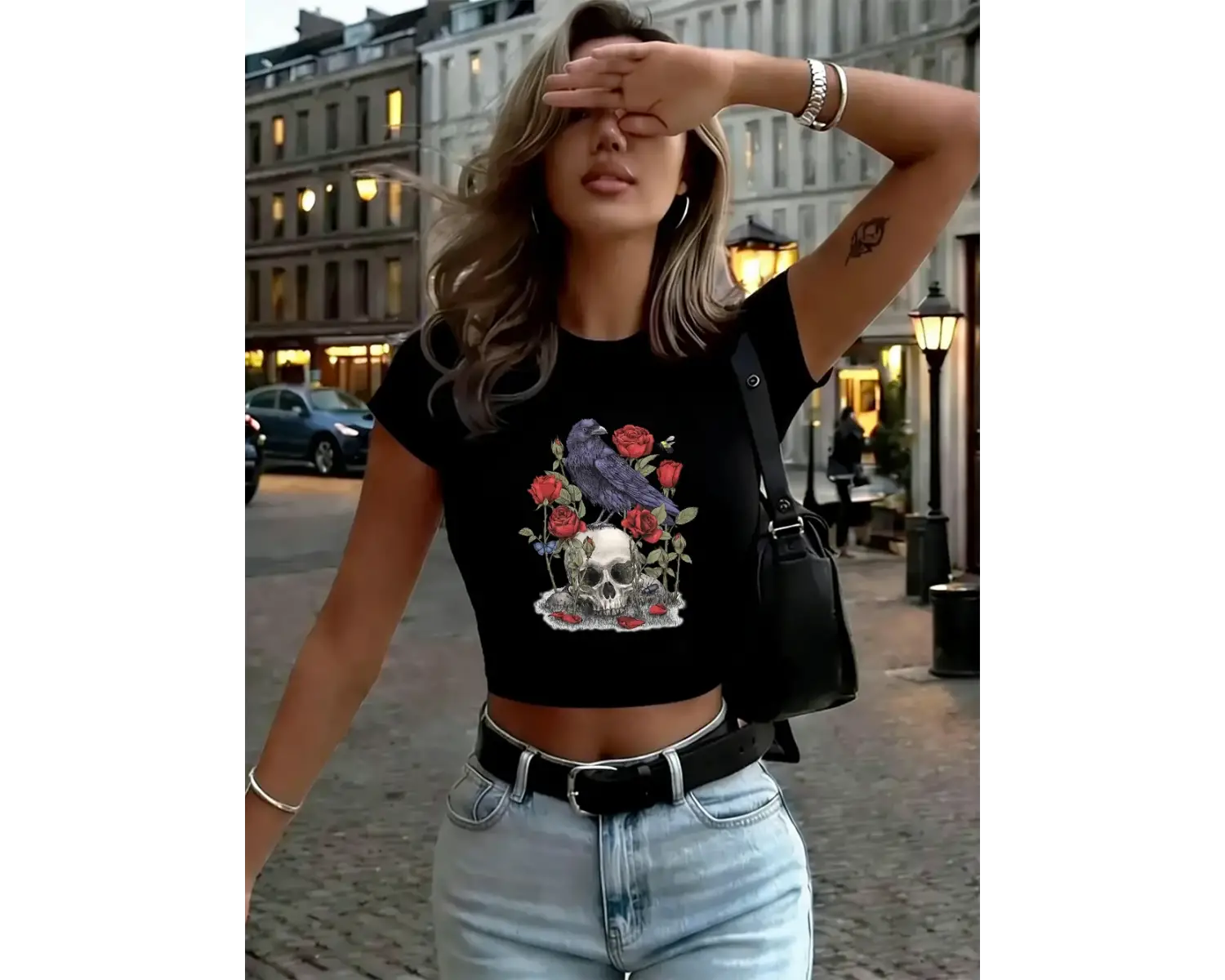 Kafatasları Baskılı Güller Kadın Kırpma T-Shirt Yaz Yüksek Elastik O-Boyun Üstleri Sokak İnce