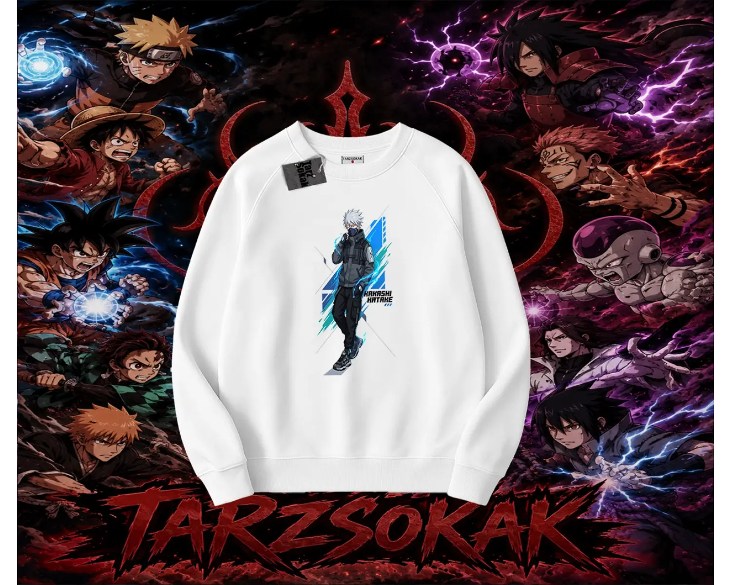 Kakashi Hatake Naruto Anime Karakteri Oversize Unisex Bisiklet Yaka Sweatshirt Beyaz
