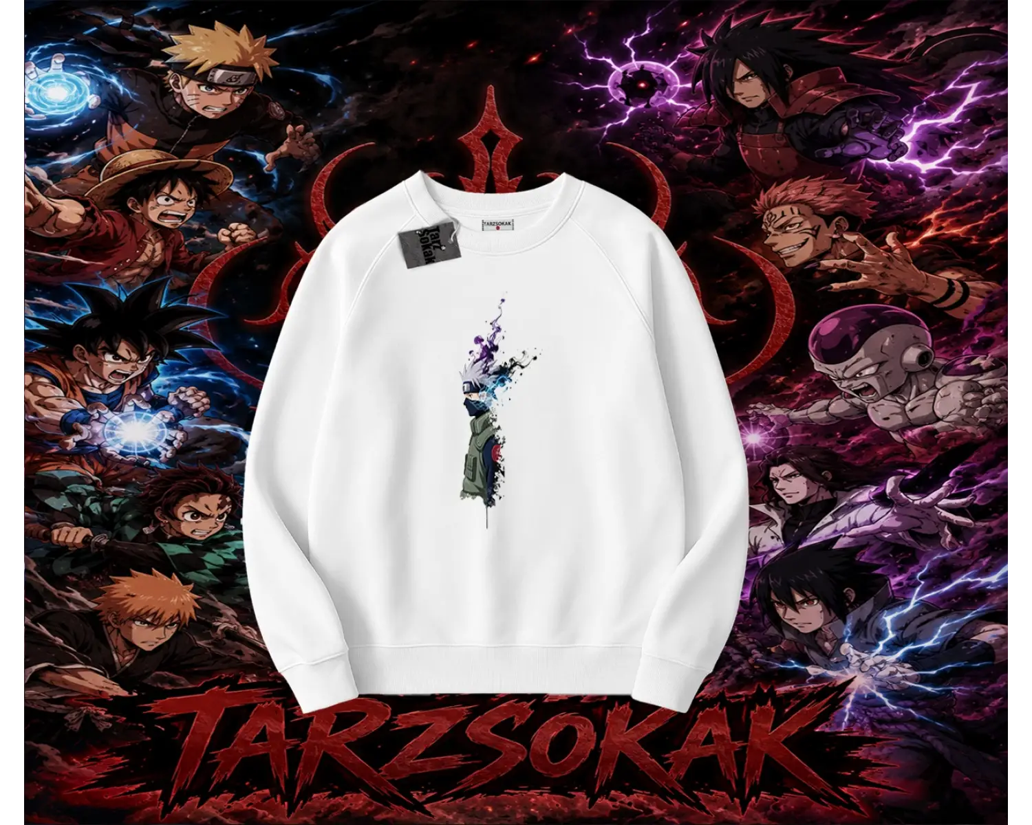 Kakashi Hatake Naruto Anime Karakteri Oversize Unisex Bisiklet Yaka Sweatshirt Beyaz