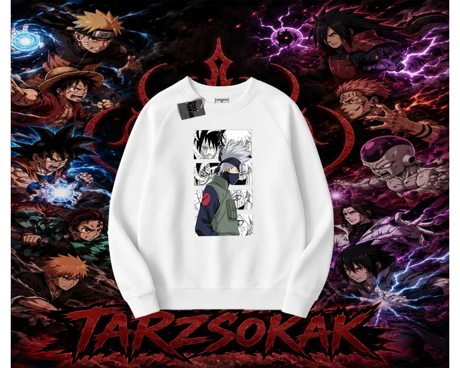 Kakashi Hatake Naruto Anime Karakteri Oversize Unisex Bisiklet Yaka Sweatshirt Beyaz