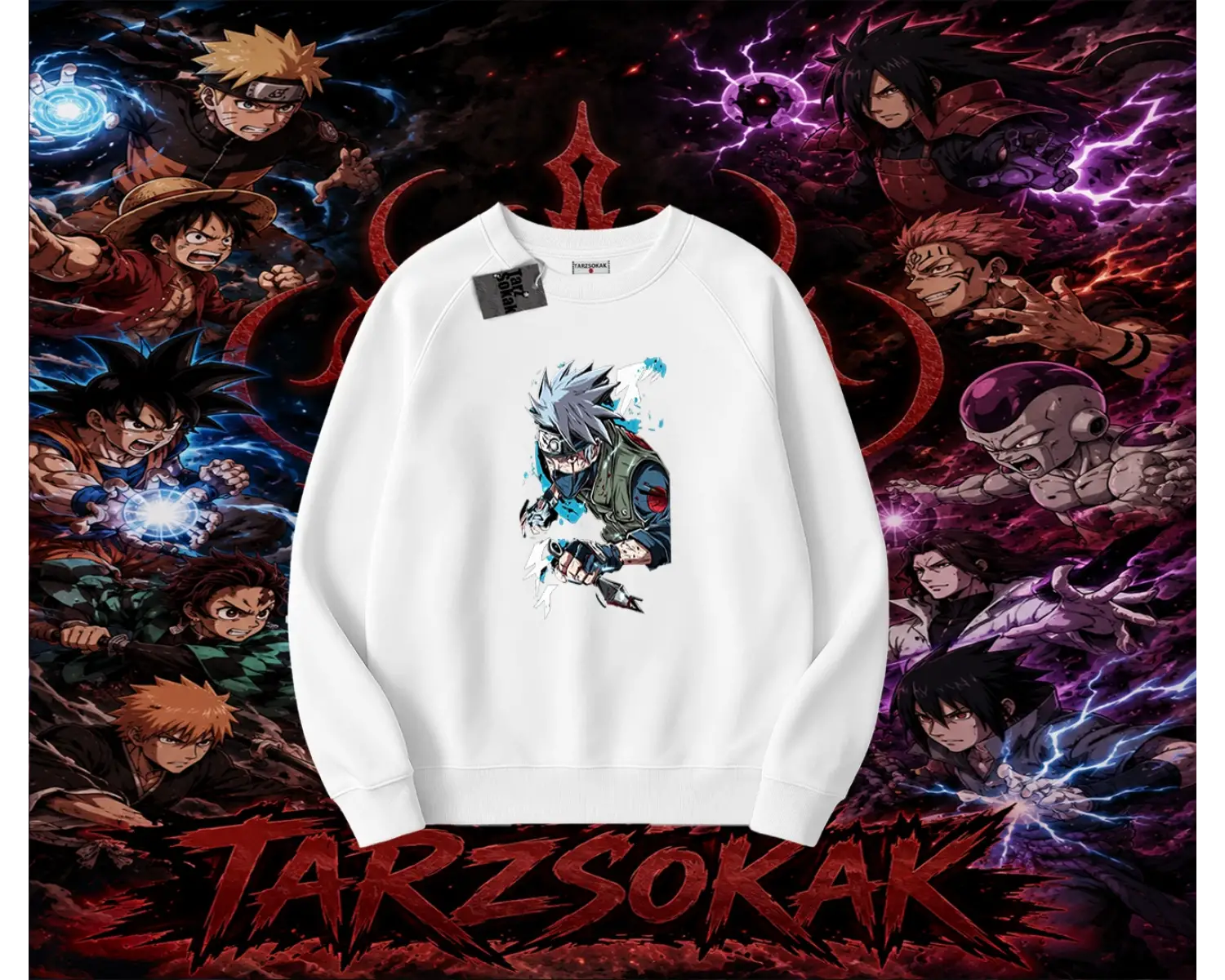 Kakashi Hatake Naruto Anime Karakteri Oversize Unisex Bisiklet Yaka Sweatshirt Beyaz