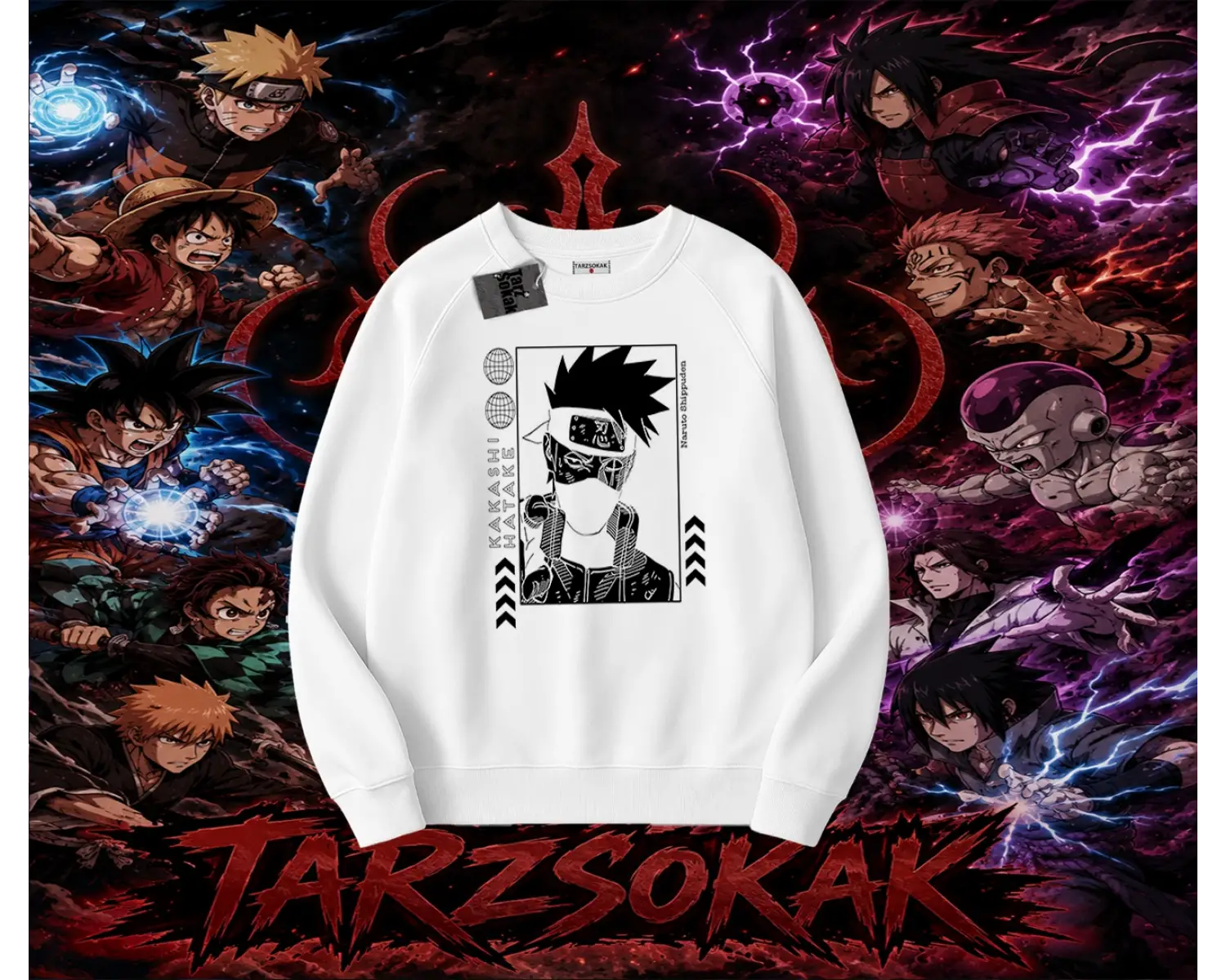 Kakashi Hatake Naruto Anime Karakteri Oversize Unisex Bisiklet Yaka Sweatshirt Beyaz