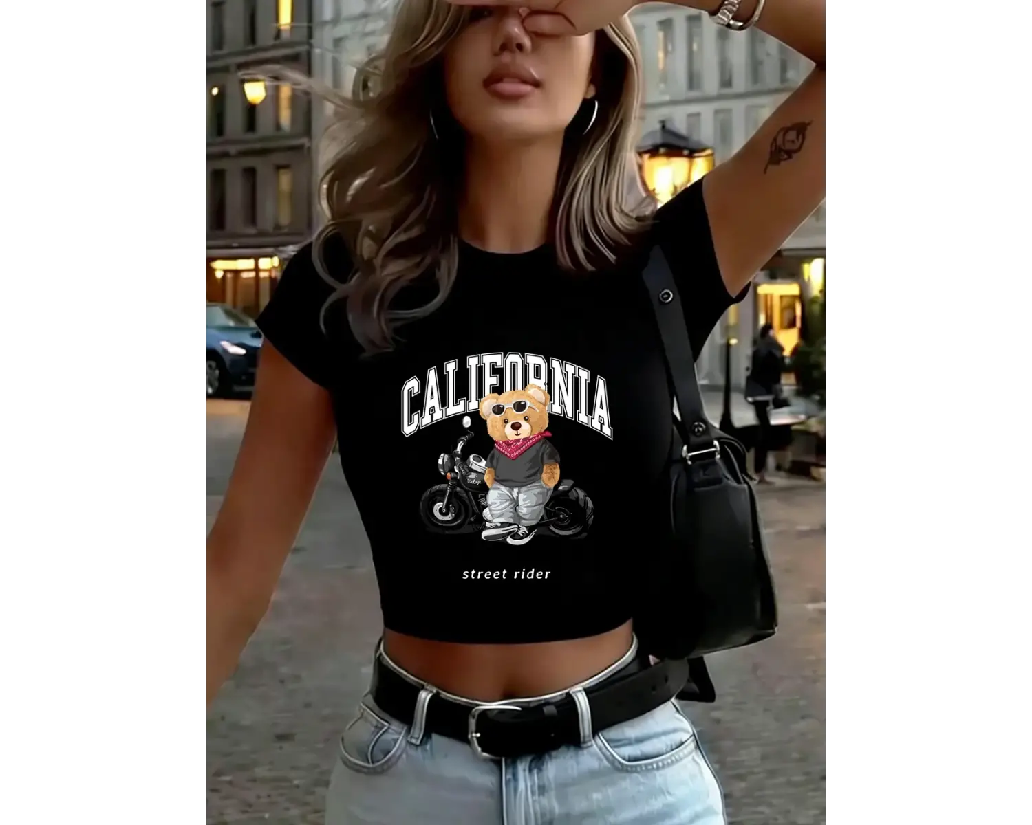 Kaliforniya Motosiklet Sürme Ayı Baskılar Kadın Kırpma T-Shirt Yaz Ince O-Boyun Üstleri Kısa