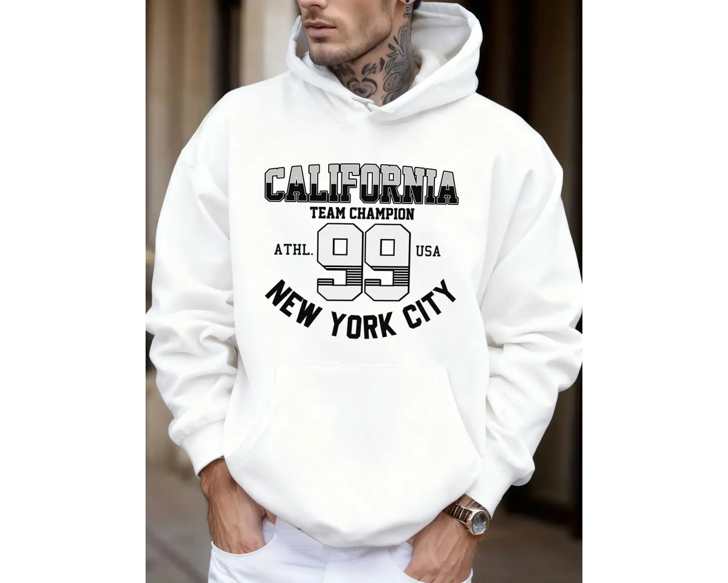 Kaliforniya New York City Number 99 Baskılı Yumuşak Sonbahar Cepli Kapüşonlu Üst Erkek Bol Sp