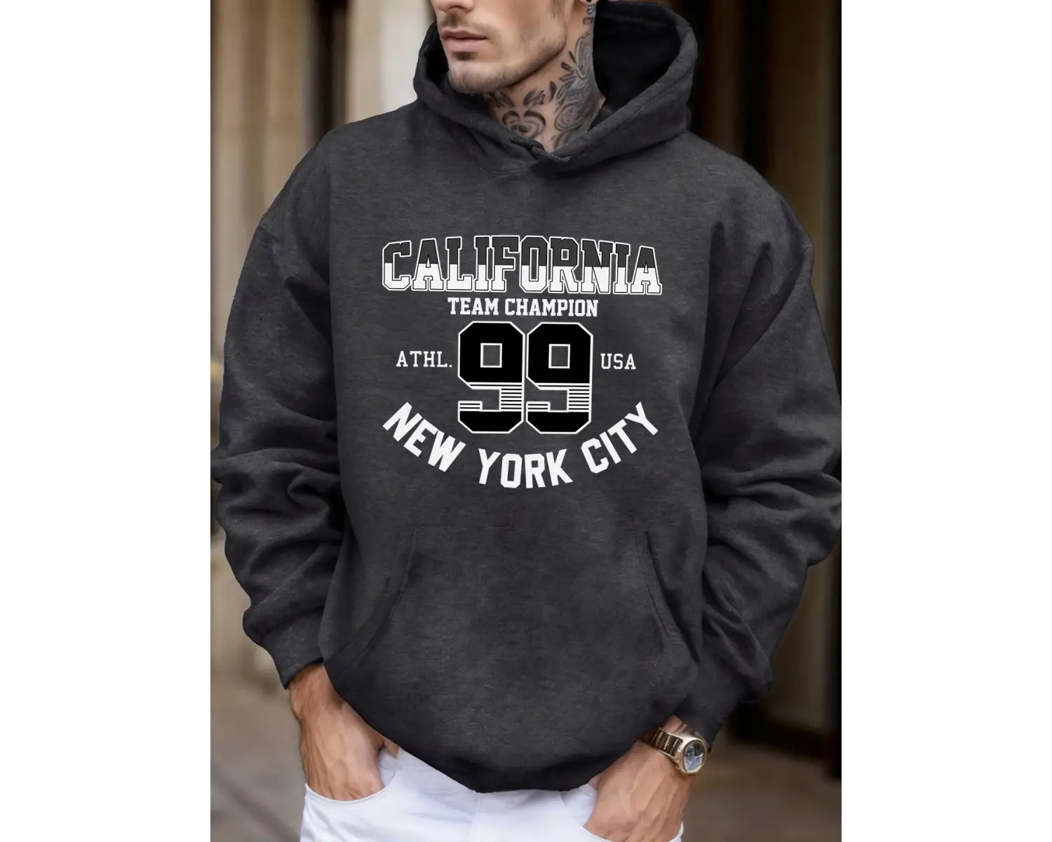 Kaliforniya New York City Number 99 Baskılı Yumuşak Sonbahar Cepli Kapüşonlu Üst Erkek Bol Sp