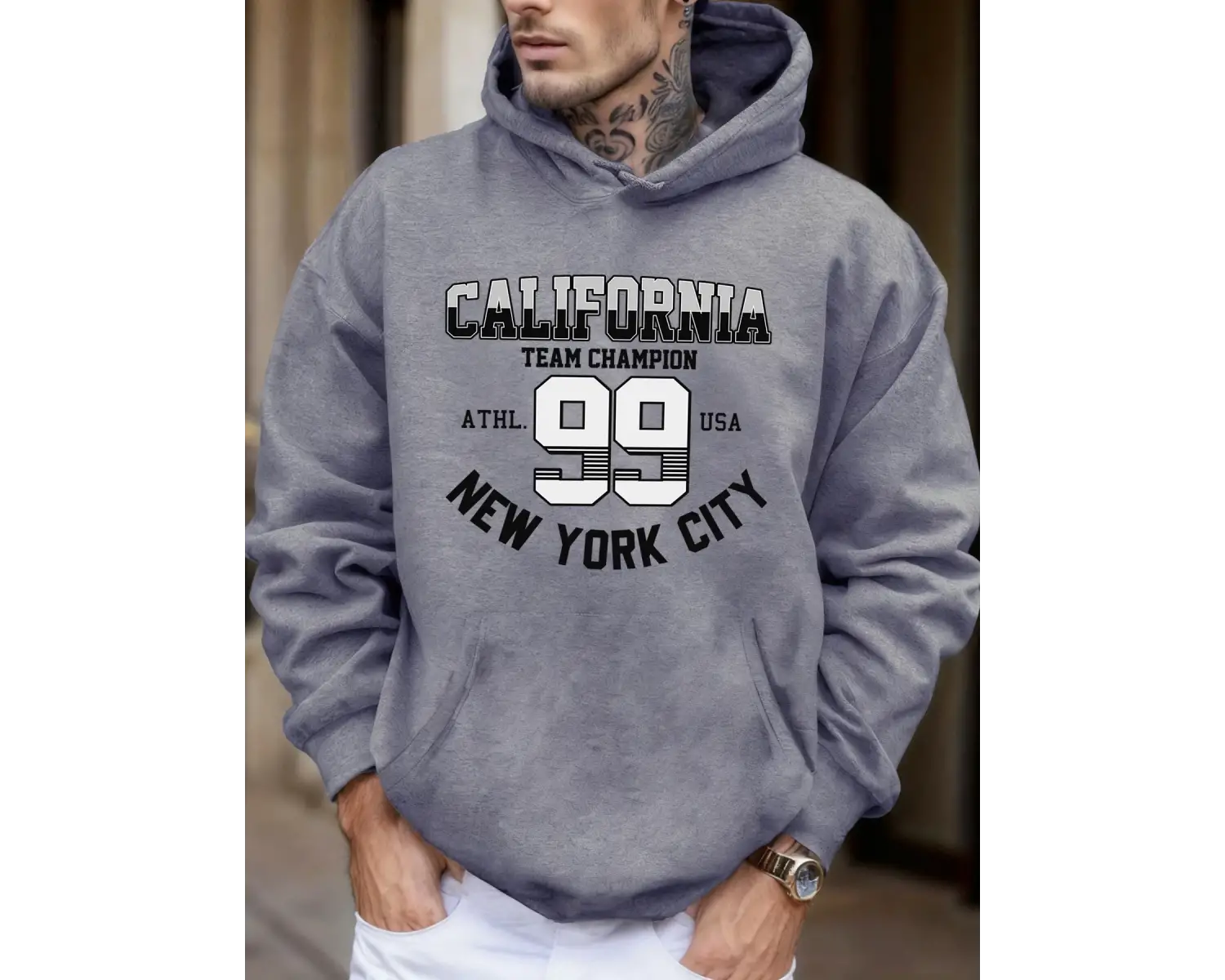 Kaliforniya New York City Number 99 Baskılı Yumuşak Sonbahar Cepli Kapüşonlu Üst Erkek Bol Sp