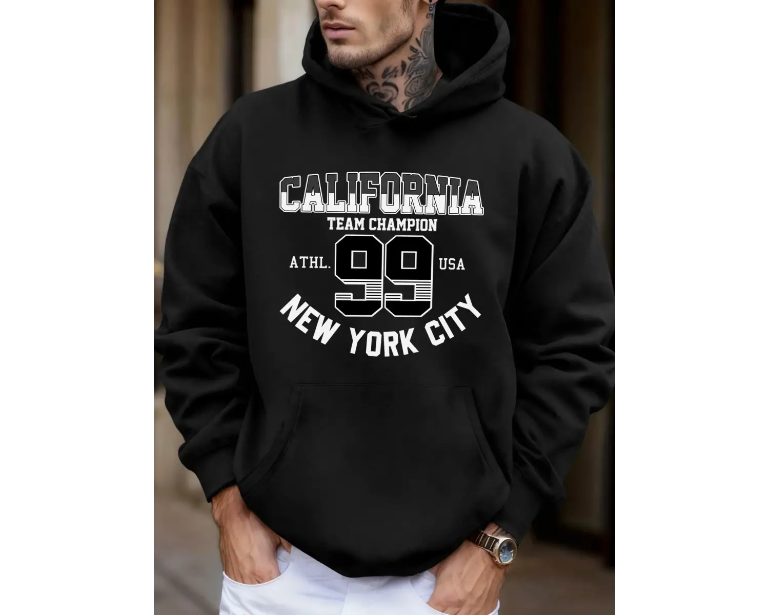 Kaliforniya New York City Number 99 Baskılı Yumuşak Sonbahar Cepli Kapüşonlu Üst Erkek Bol Sp