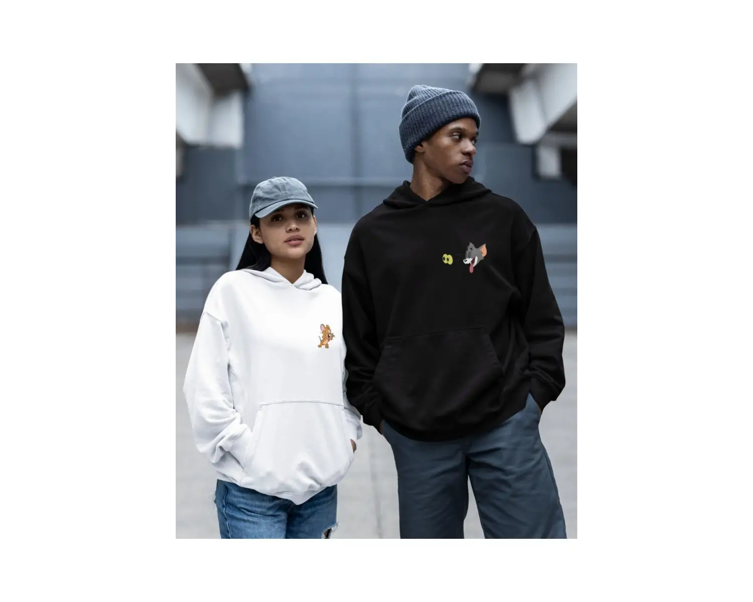 Kaliteli çift sevgili kombini tom ve jerry unisex kapşonlu