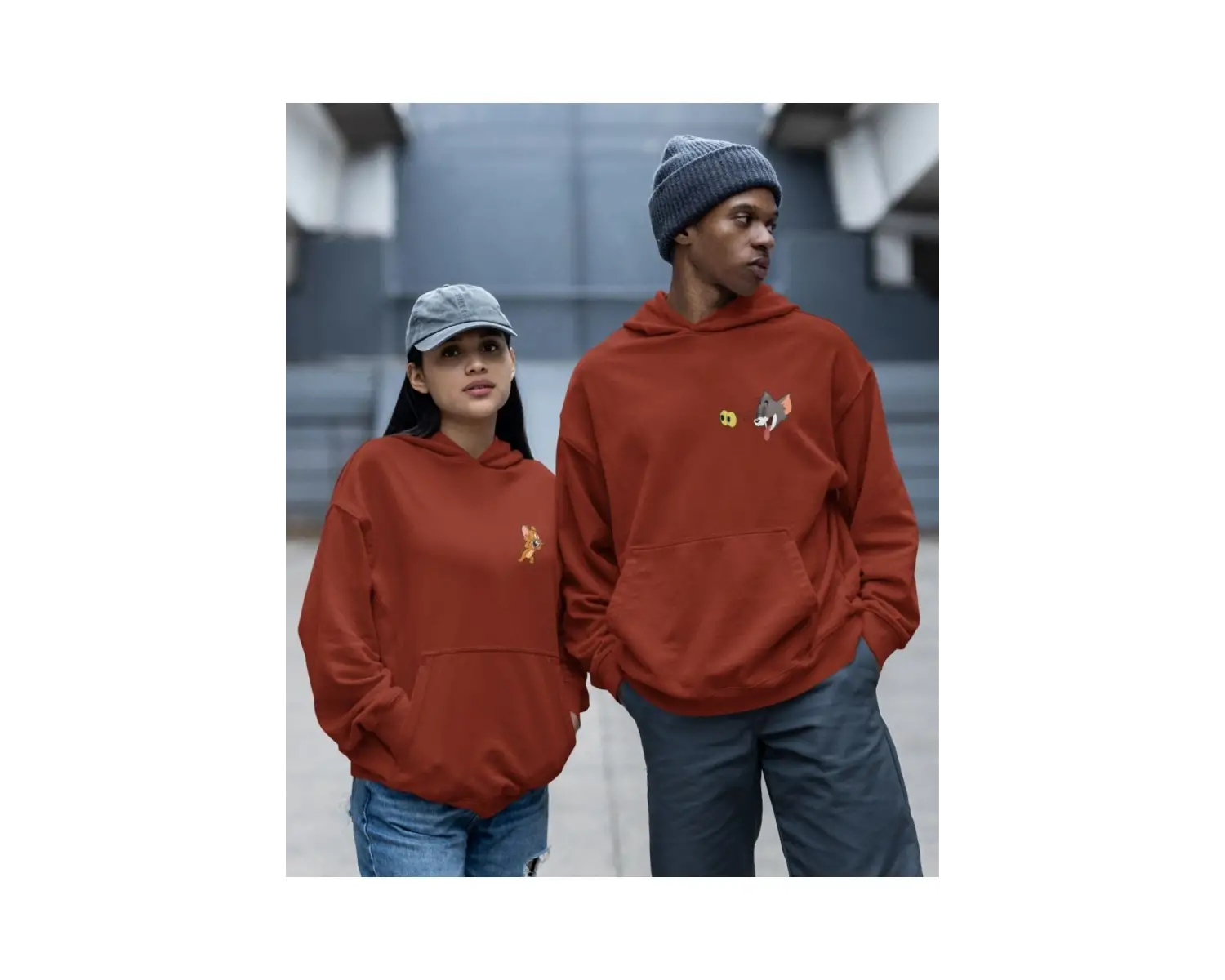 Kaliteli çift sevgili kombini tom ve jerry unisex kapşonlu