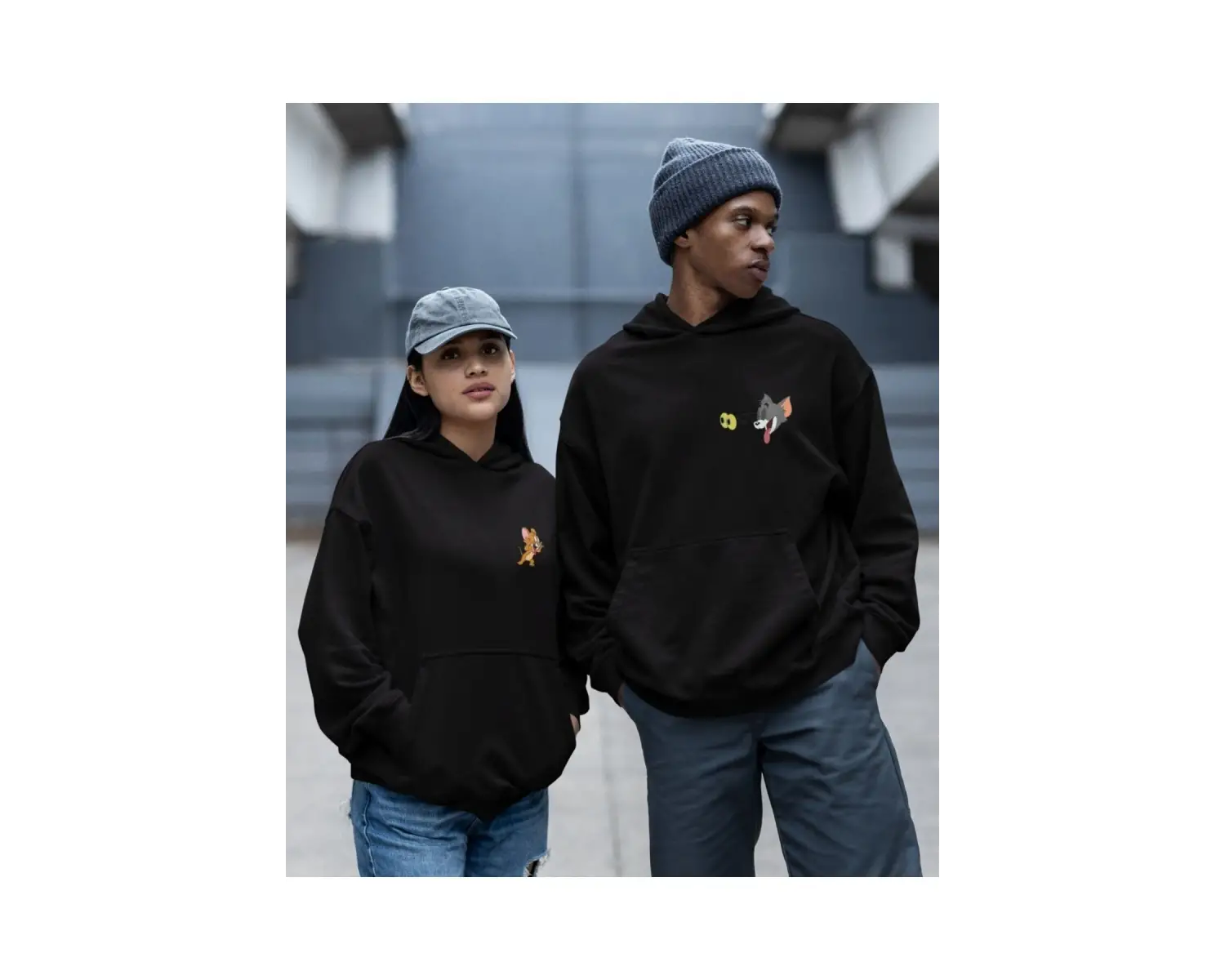 Kaliteli çift sevgili kombini tom ve jerry unisex kapşonlu