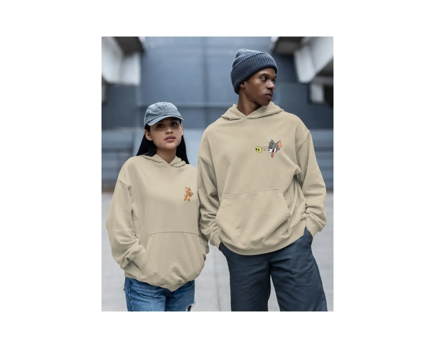 Kaliteli çift sevgili kombini tom ve jerry unisex kapşonlu