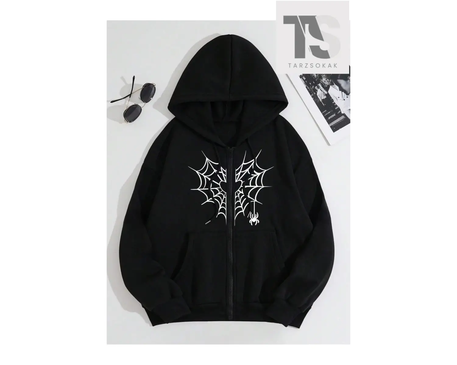 Kalp Ağ Minimal Örümcek Sweatshirt Fermuarlı Hırka