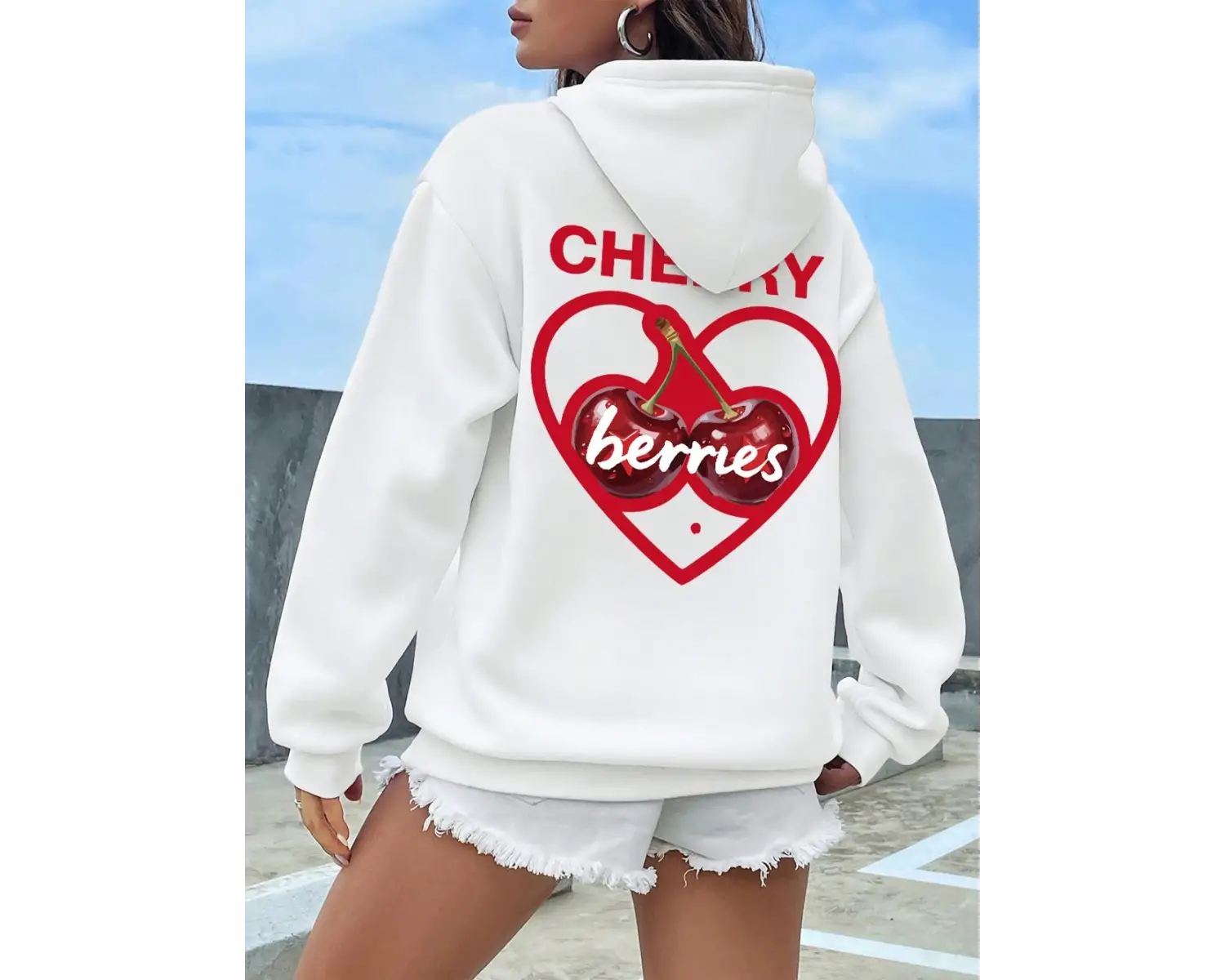 Kalp iki kirazden yapılmış baskılar Hoodie kadın kış polar sıcak kazak rahat cep kazak rahat