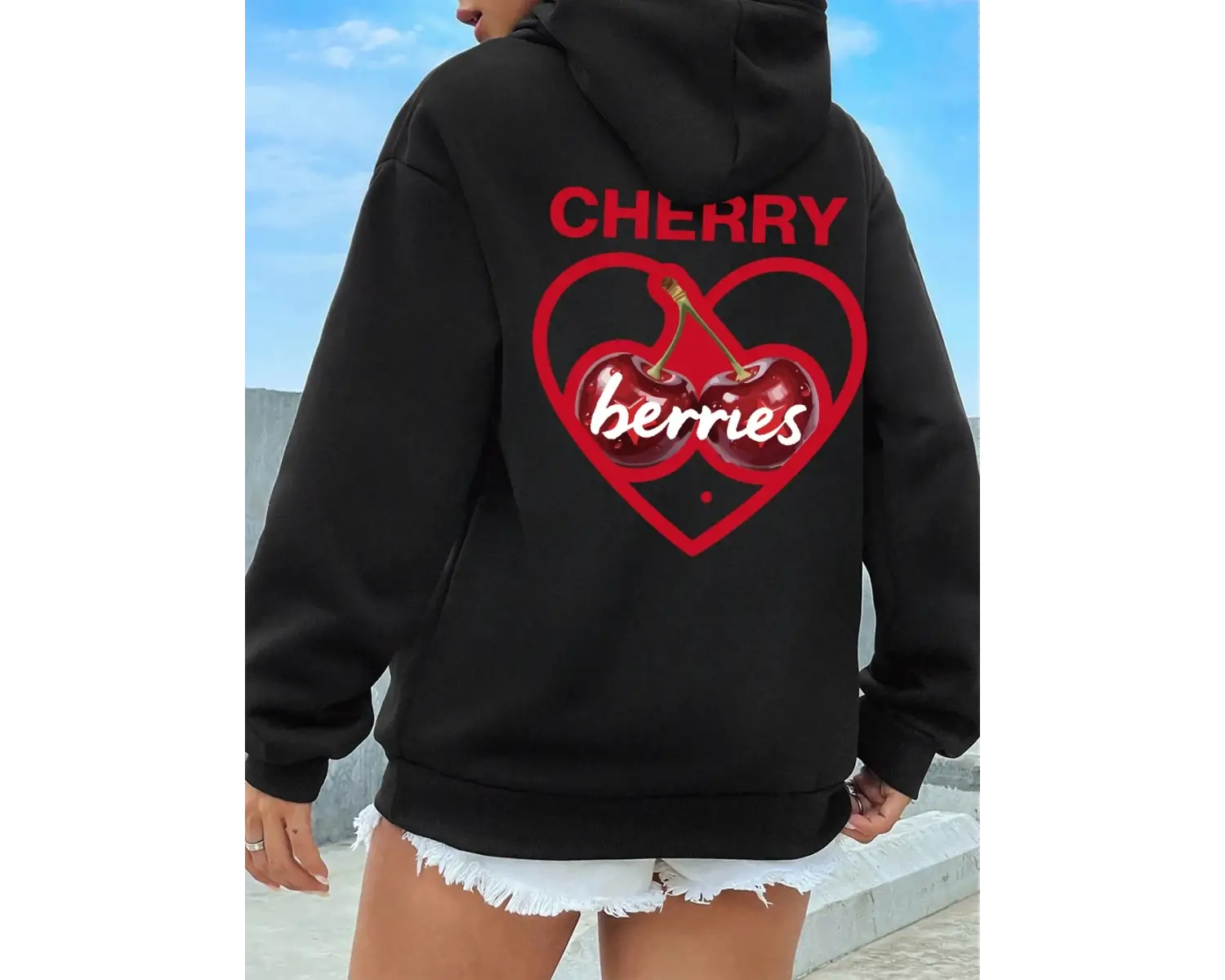 Kalp iki kirazden yapılmış baskılar Hoodie kadın kış polar sıcak kazak rahat cep kazak rahat