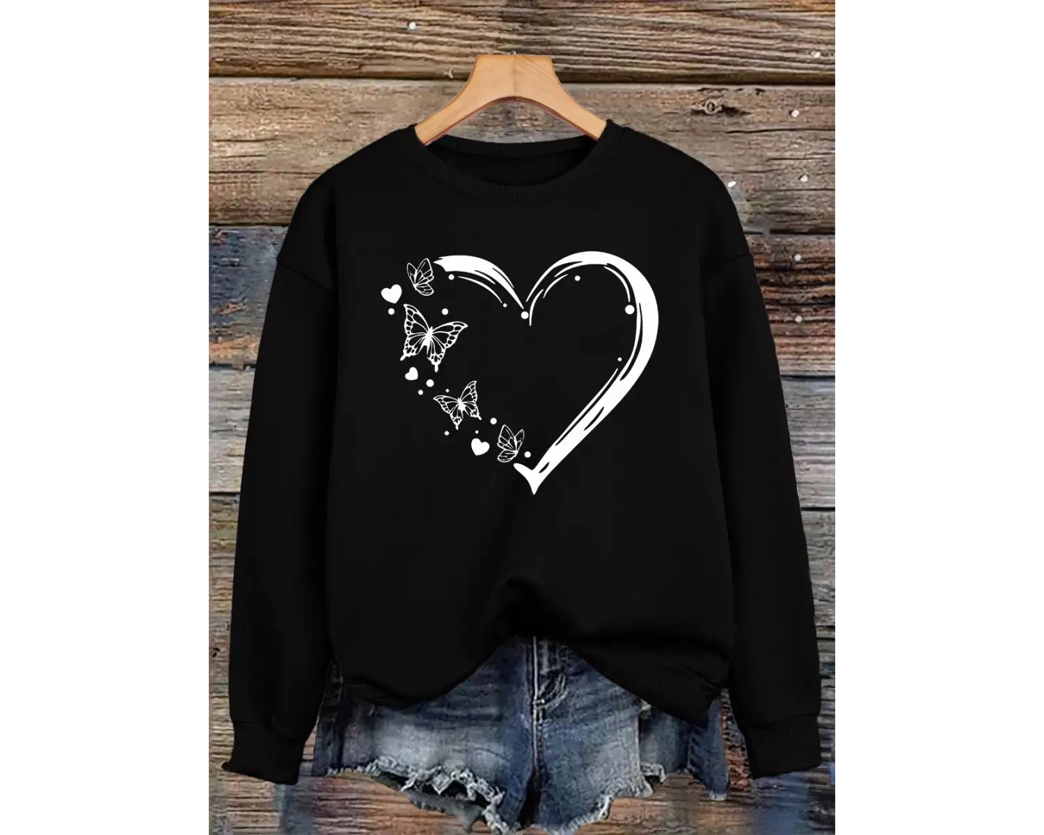 Kalp Şeklinde Kelebek Baskılı Kazak Bayan Bisiklet Yaka Temel Kapüşonlu Üst Bol Polar Sıcak G