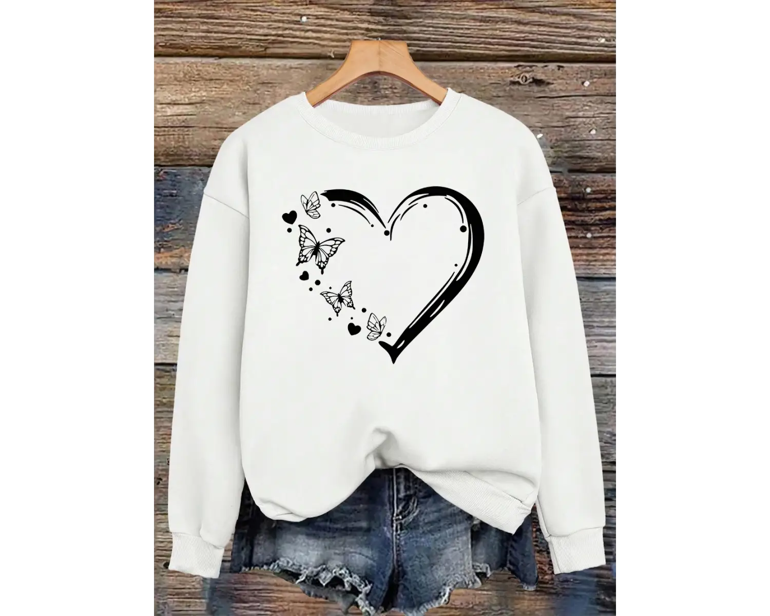 Kalp Şeklinde Kelebek Baskılı Kazak Bayan Bisiklet Yaka Temel Kapüşonlu Üst Bol Polar Sıcak G