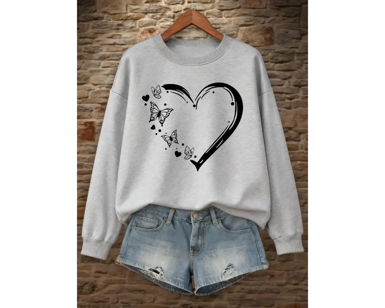 Kalp Şeklinde Kelebek Baskılı Kazak Bayan Bisiklet Yaka Temel Kapüşonlu Üst Bol Polar Sıcak G