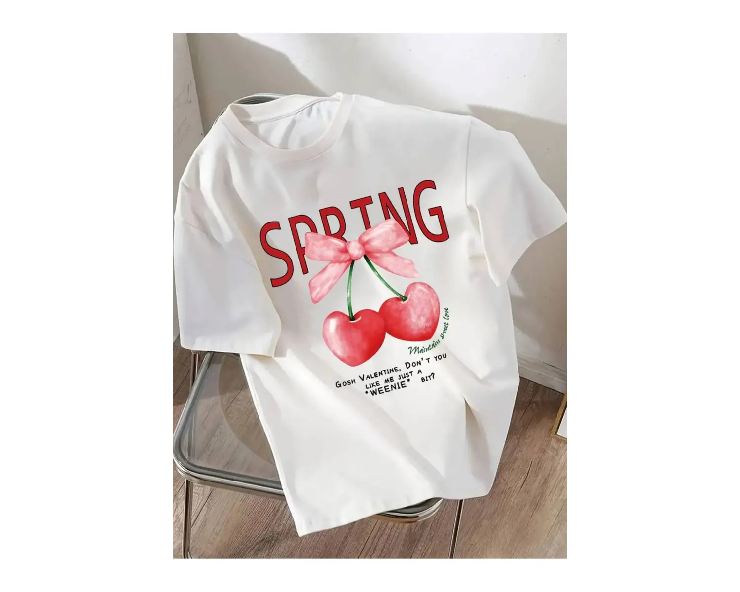 Kalpli Kiraz Baskılı Oversize Rahat Kalıp Bisiklet Yaka Kadın