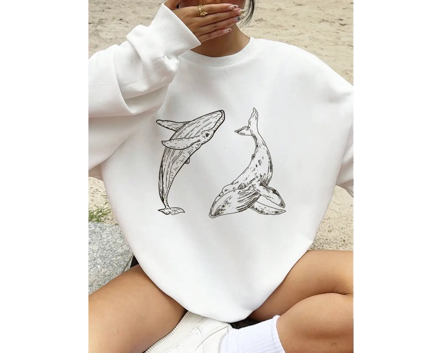 Kambur Balina Baskı Tişörtü Bayan Sonbahar Polar Sıcak Kapüşonlular Crewneck Gevşek Kazaklar