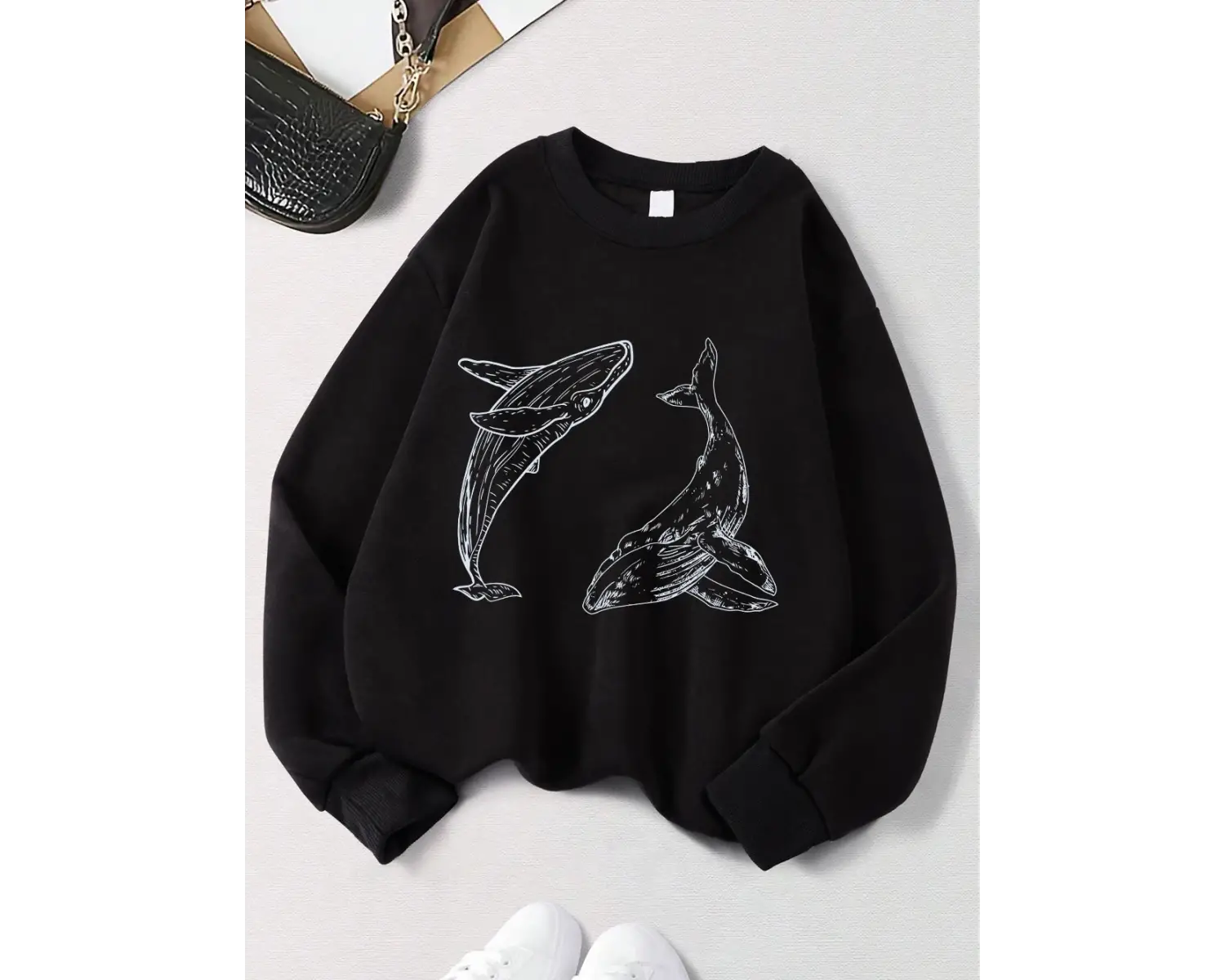 Kambur Balina Baskı Tişörtü Bayan Sonbahar Polar Sıcak Kapüşonlular Crewneck Gevşek Kazaklar