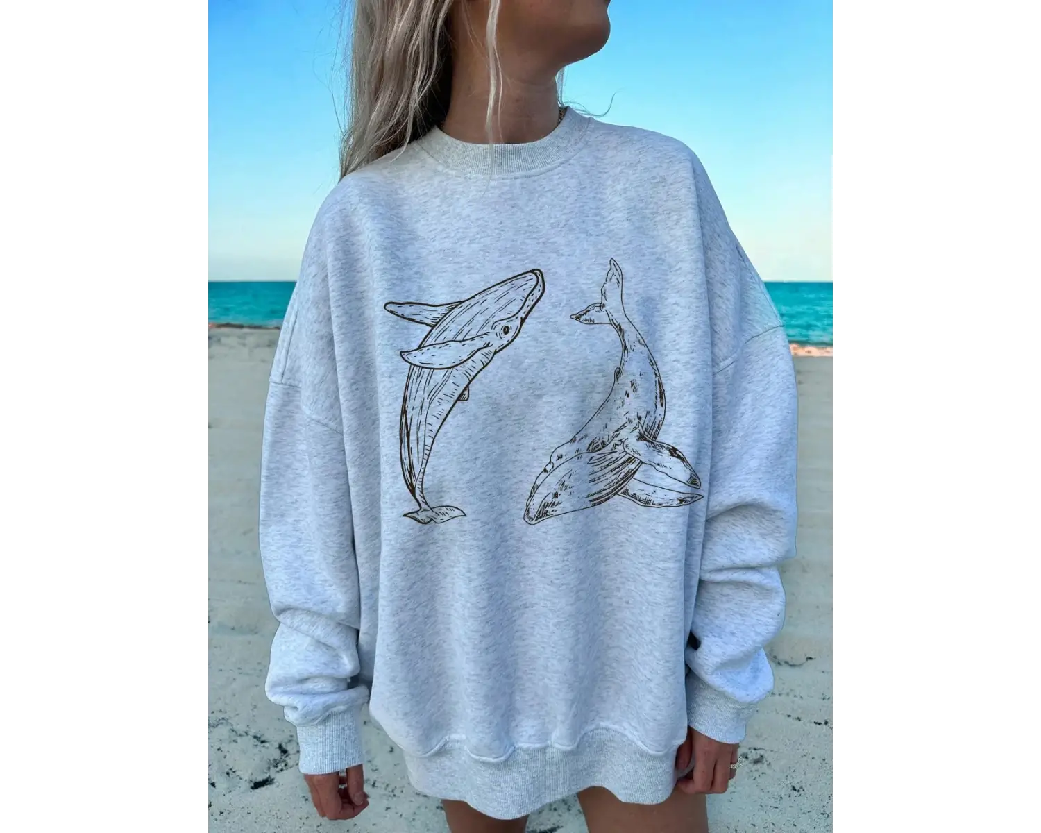 Kambur Balina Baskı Tişörtü Bayan Sonbahar Polar Sıcak Kapüşonlular Crewneck Gevşek Kazaklar