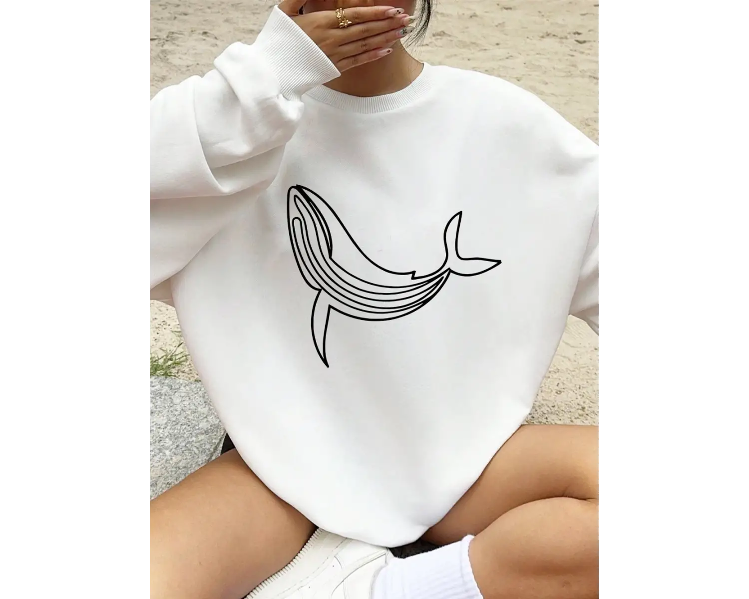 Kambur Balina Baskı Tişörtü Kadın Kış Polar Sıcak Hoodies Crewneck Gevşek Kazak Temelleri Rah