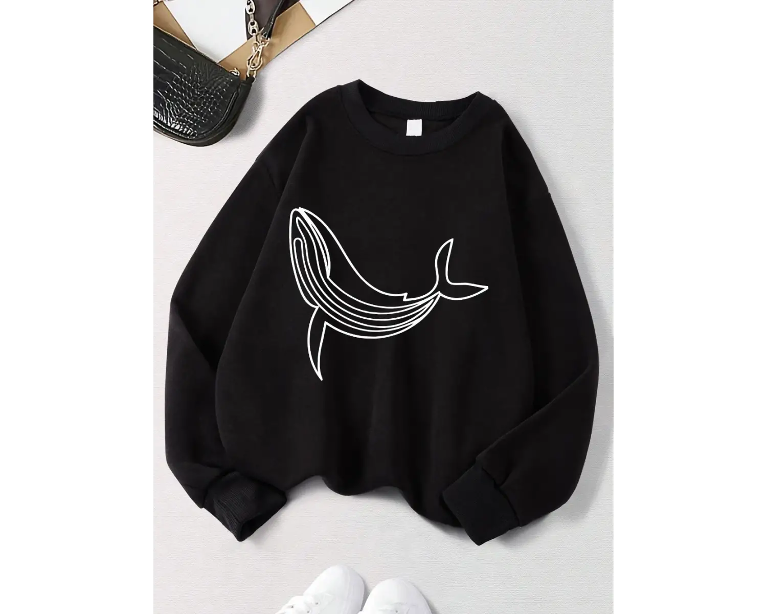 Kambur Balina Baskı Tişörtü Kadın Kış Polar Sıcak Hoodies Crewneck Gevşek Kazak Temelleri Rah