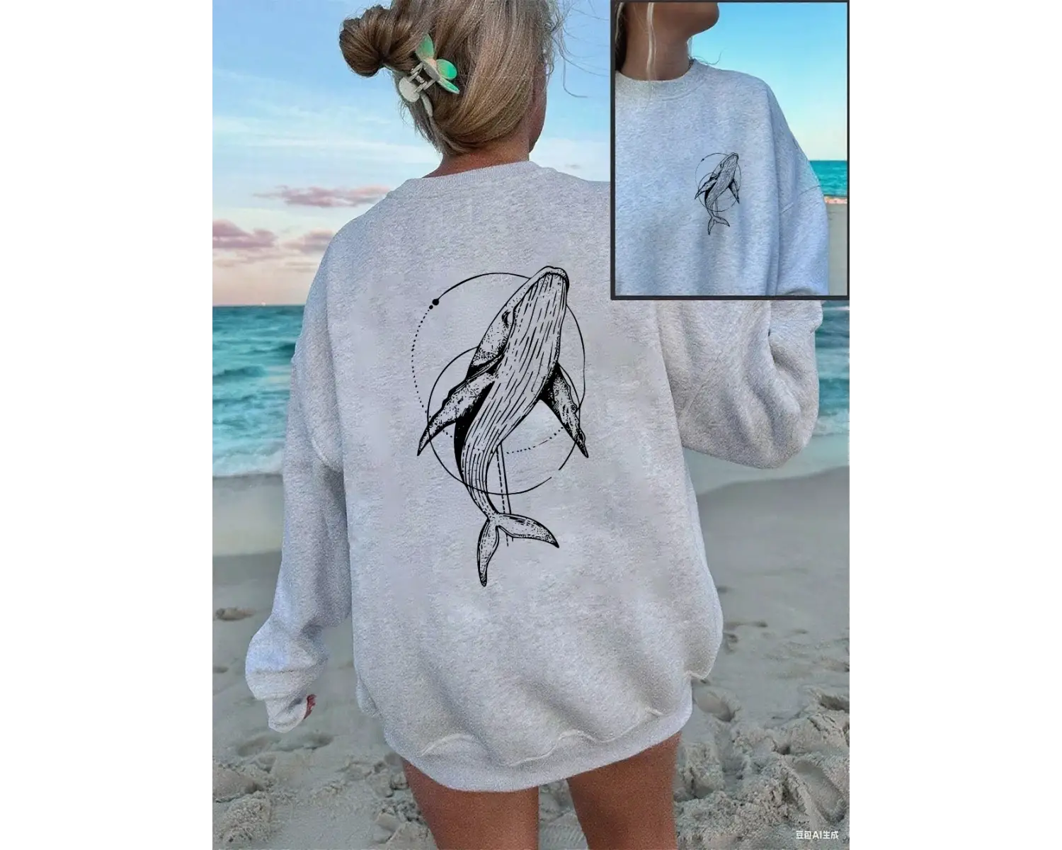 Kambur Balina Baskı Tişörtü Kadın Rahat Bisiklet Yaka Kapüşonlular Kış Polar Sıcak Kazak Gevş