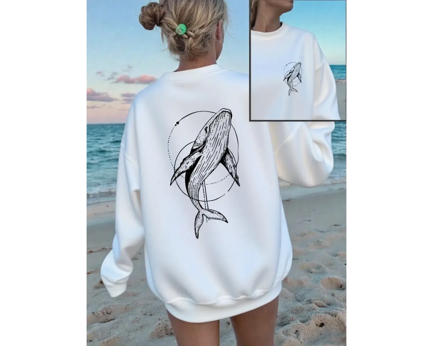 Kambur Balina Baskı Tişörtü Kadın Rahat Bisiklet Yaka Kapüşonlular Kış Polar Sıcak Kazak Gevş