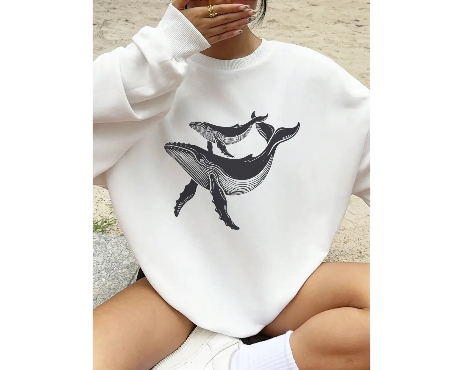 Kambur Balinalar Baskılar Tişörtü Bayan Polar Sıcak Sportif Hoodie Crewneck Gevşek Kazak Sonb