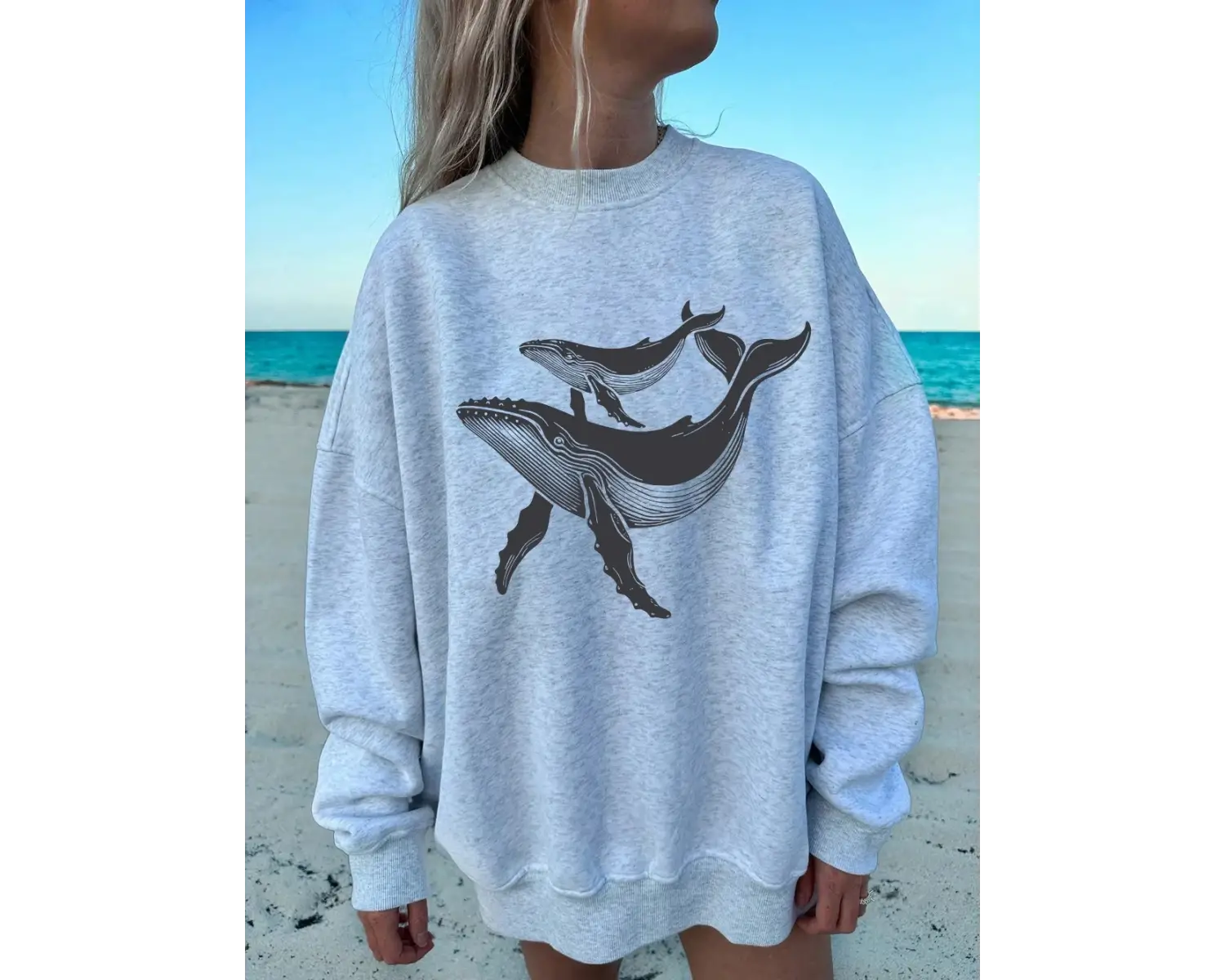 Kambur Balinalar Baskılar Tişörtü Bayan Polar Sıcak Sportif Hoodie Crewneck Gevşek Kazak Sonb