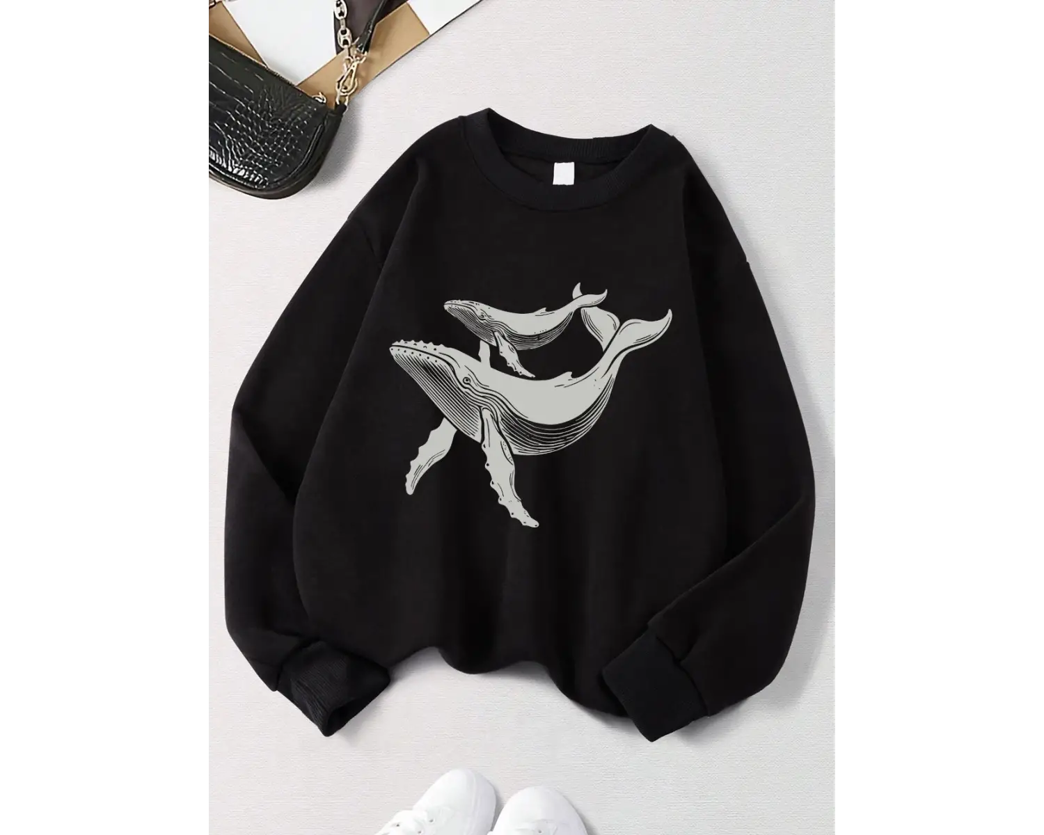 Kambur Balinalar Baskılar Tişörtü Bayan Polar Sıcak Sportif Hoodie Crewneck Gevşek Kazak Sonb