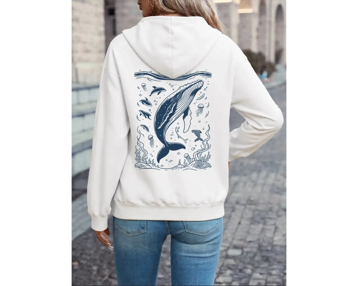 Kamburlu Balina Baskılı Kapüşonlu Üstler Kadın Rahat Bol Kazak Kışlık Polar Sıcak Sweatshirt