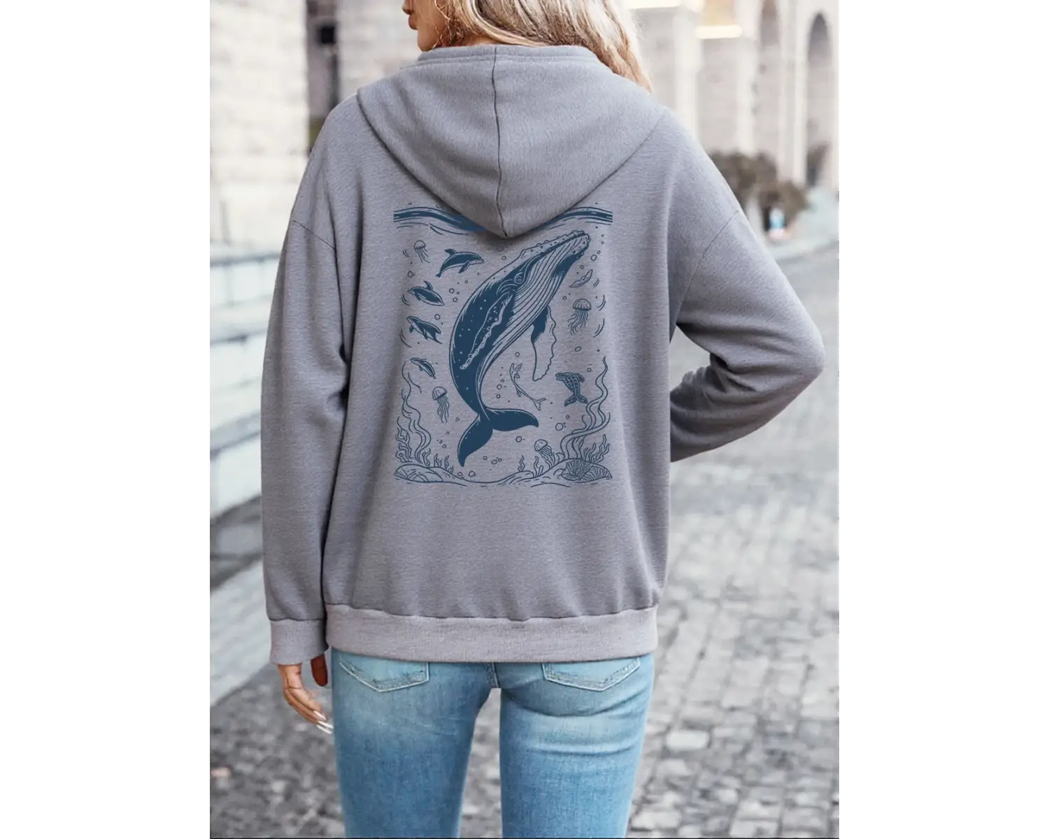 Kamburlu Balina Baskılı Kapüşonlu Üstler Kadın Rahat Bol Kazak Kışlık Polar Sıcak Sweatshirt