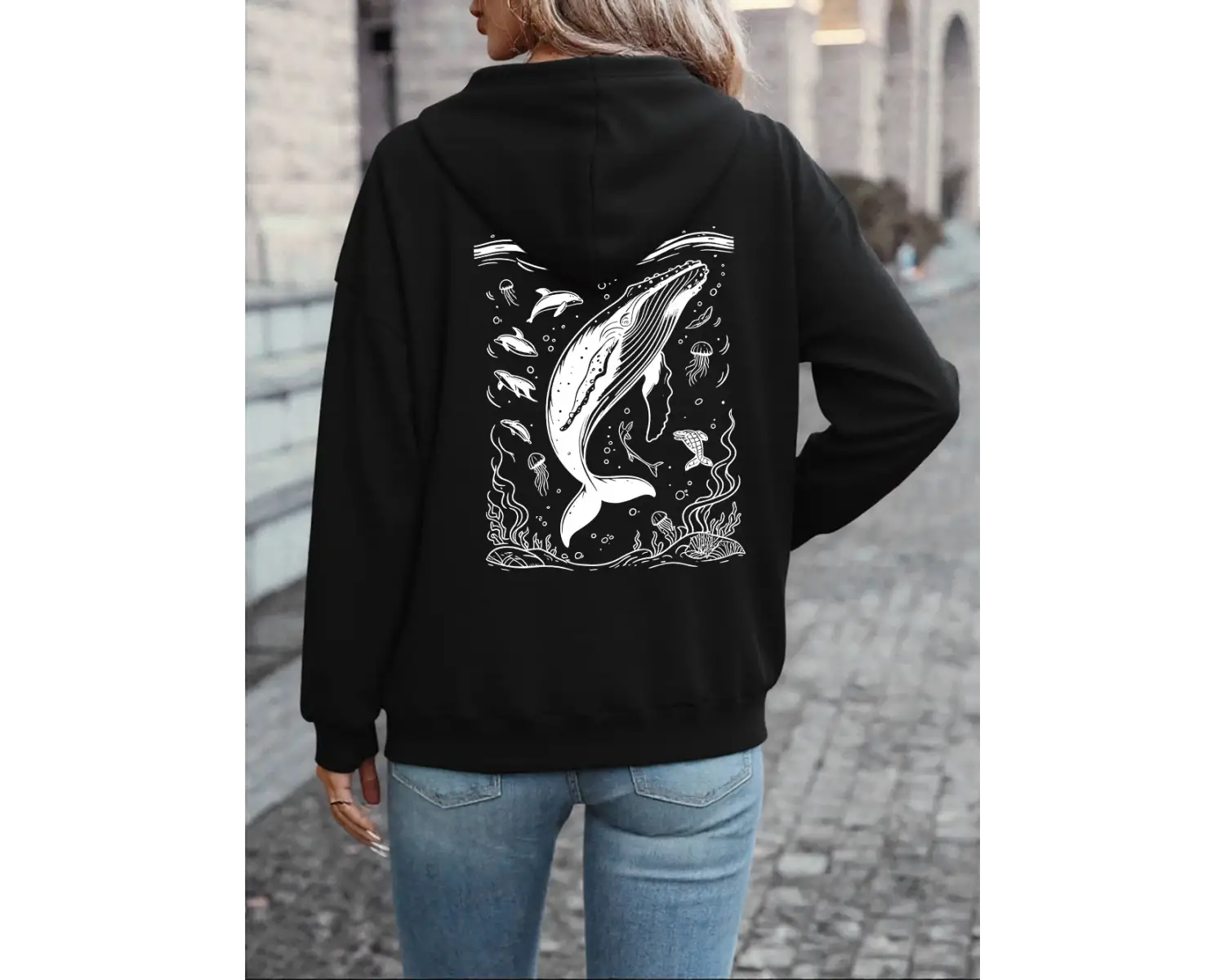 Kamburlu Balina Baskılı Kapüşonlu Üstler Kadın Rahat Bol Kazak Kışlık Polar Sıcak Sweatshirt