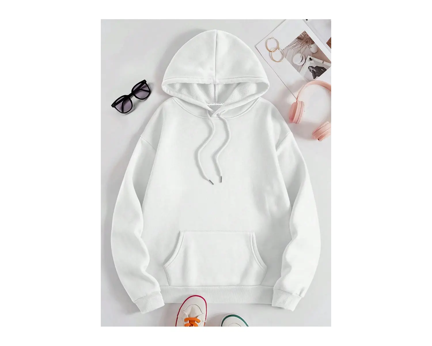 Kanguru Cepli İpli Kapşonlu Beyaz