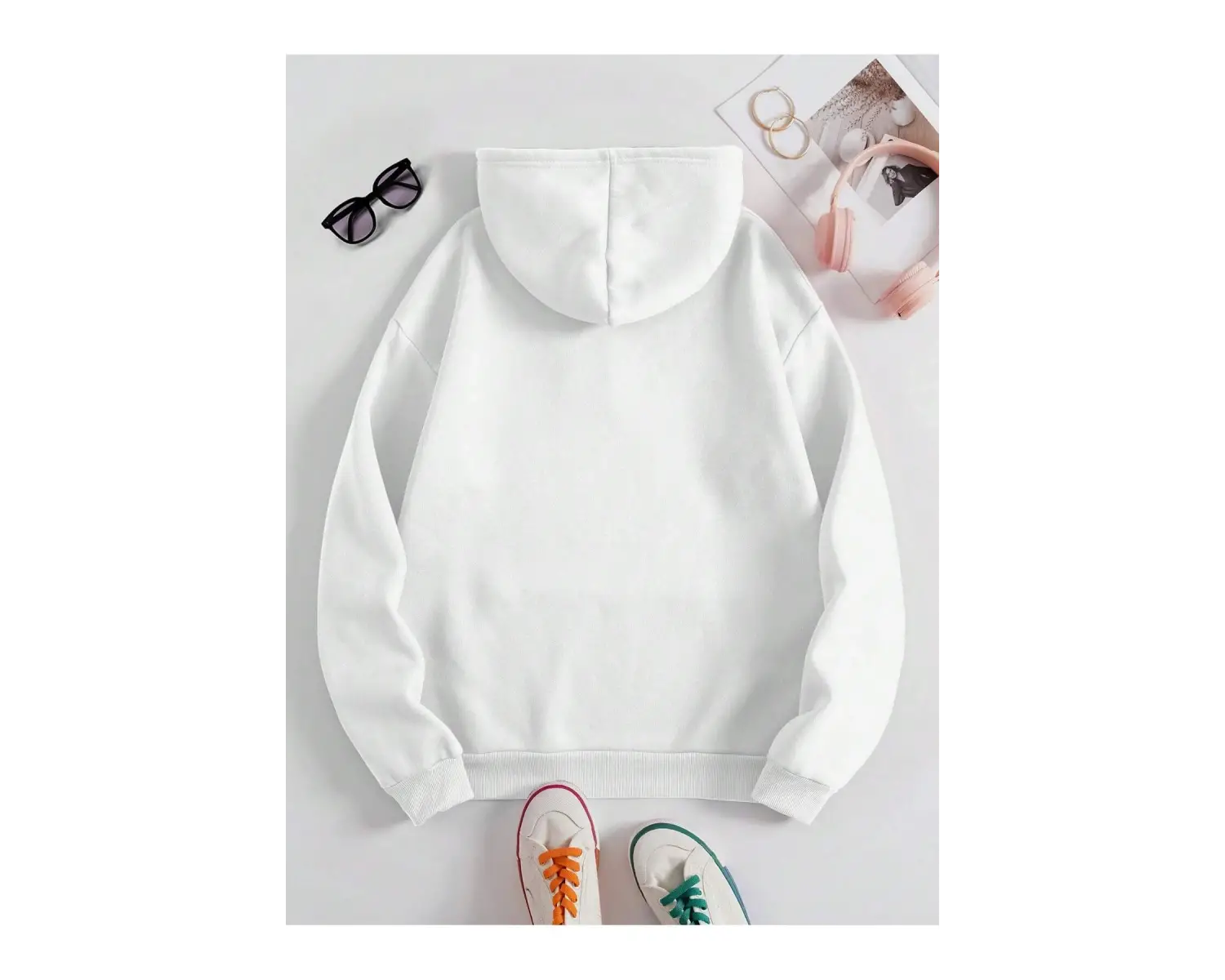 Kanguru Cepli İpli Kapşonlu Beyaz