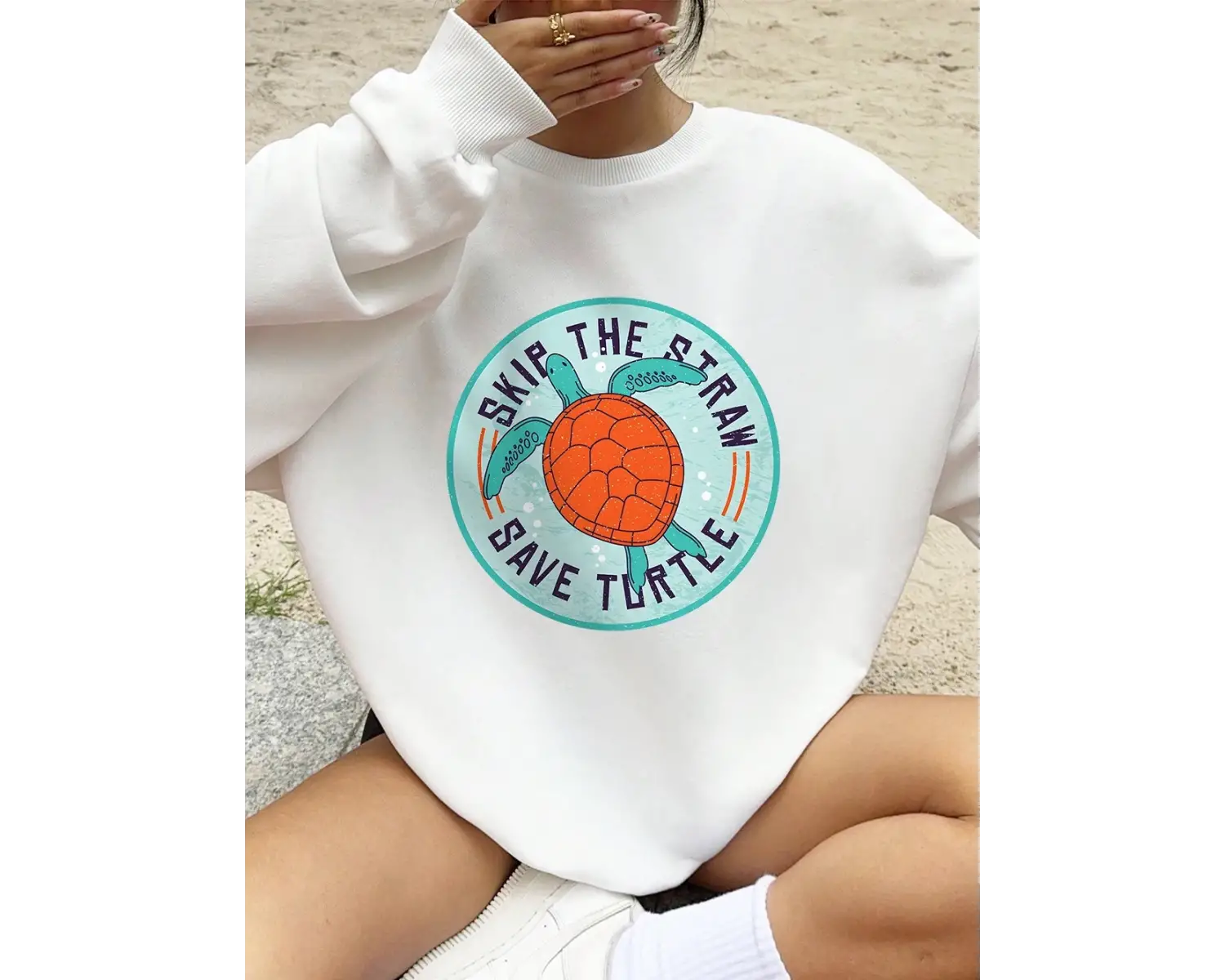 Kaplumbağa Baskı Tişörtü Kadın Sonbahar Kış Polar Sıcak Hoodies O-Boyun Gevşek Kazak Temeller